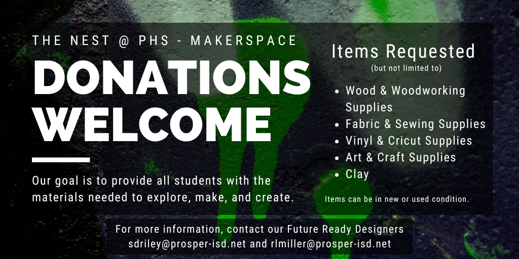 Donations Welcome graphic with a list of items needed and contact information.