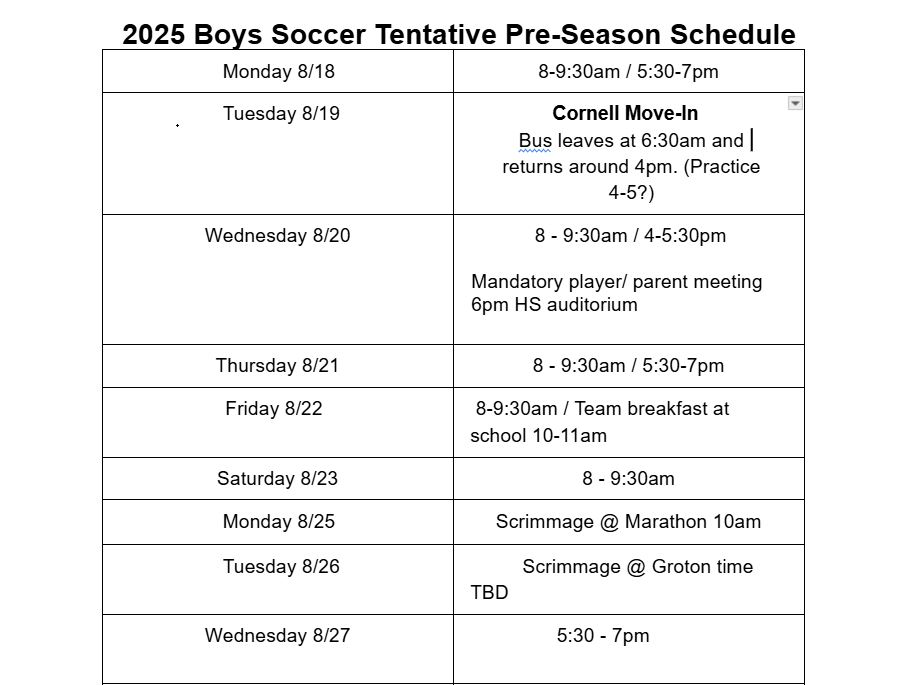 Boys Practice schedule