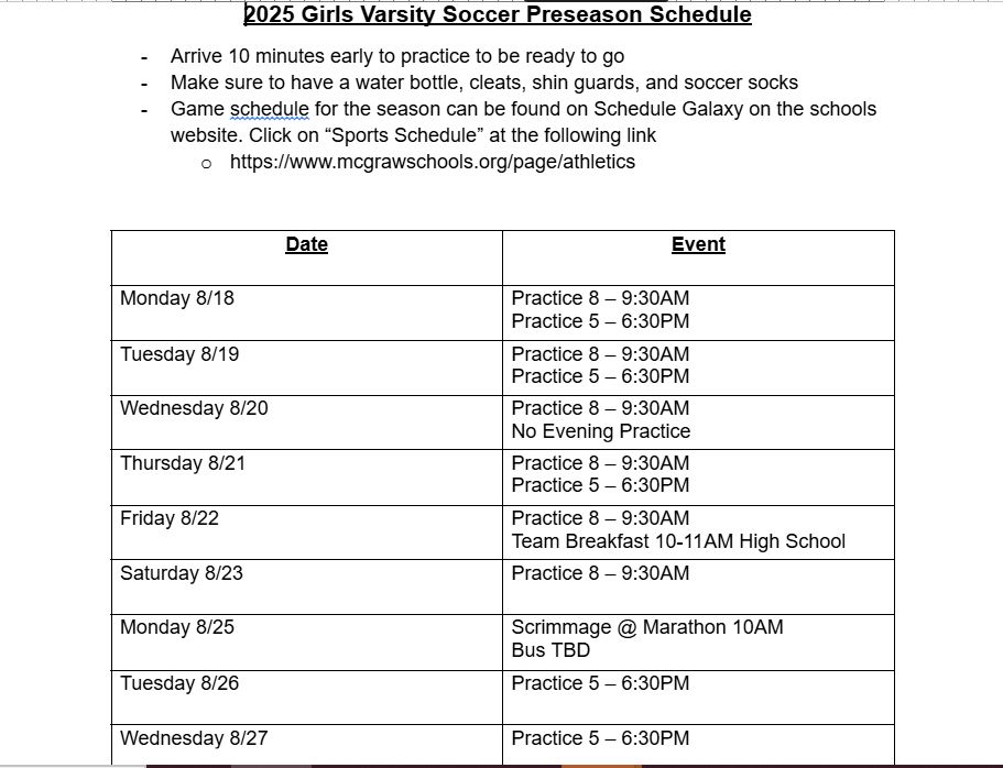 Girls practice schedule