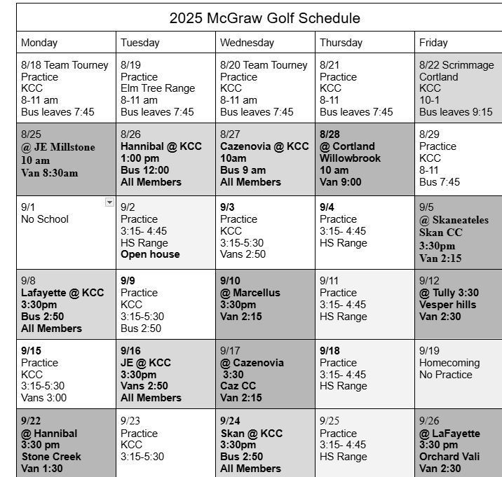 Golf schedule