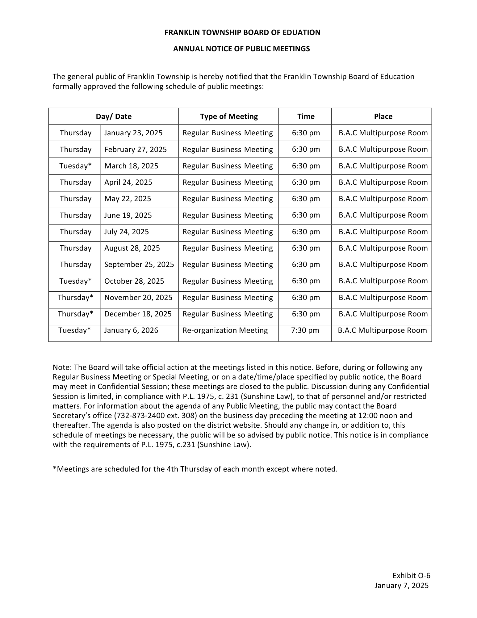 list of boe meetings 2025