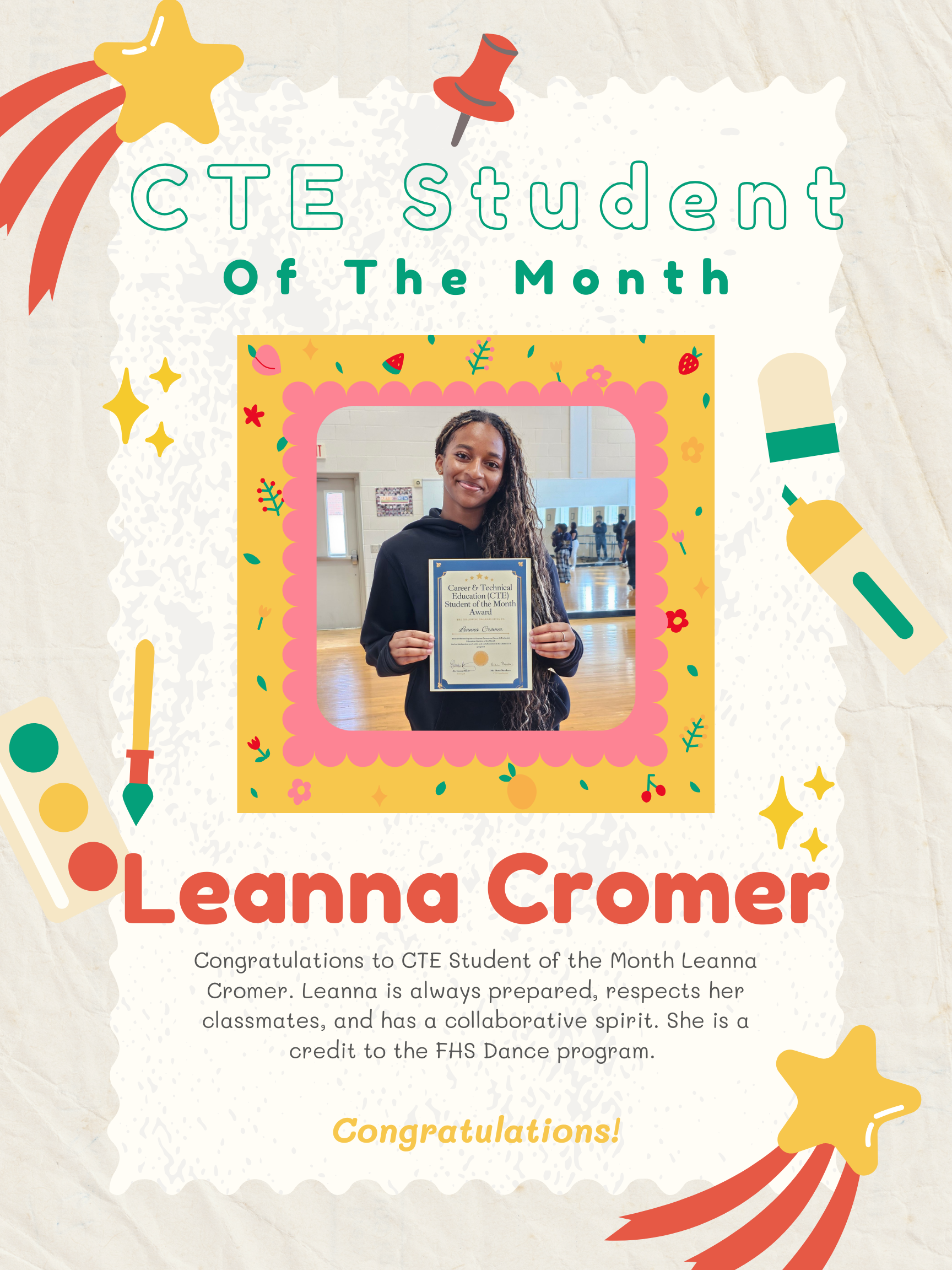 Congratulations to #CTE Student of the Month Leanna Cromer. Leanna is always prepared, respects her classmates, and has a collaborative spirit. She is a credit to the @FTPSchools FHS Dance program.