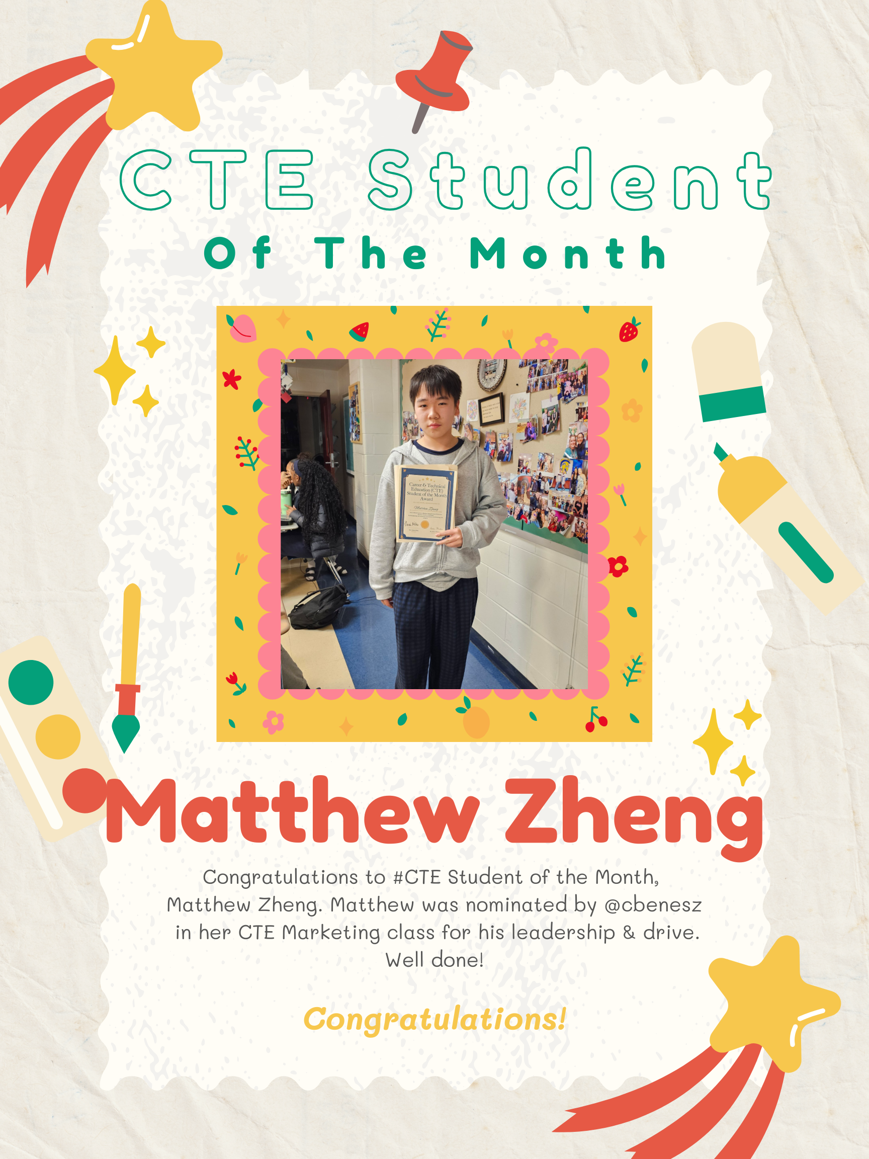 Congratulations to #CTE Student of the Month, Matthew Zheng. Matthew was nominated by @cbenesz in her CTE Marketing class for his leadership & drive. Well done!