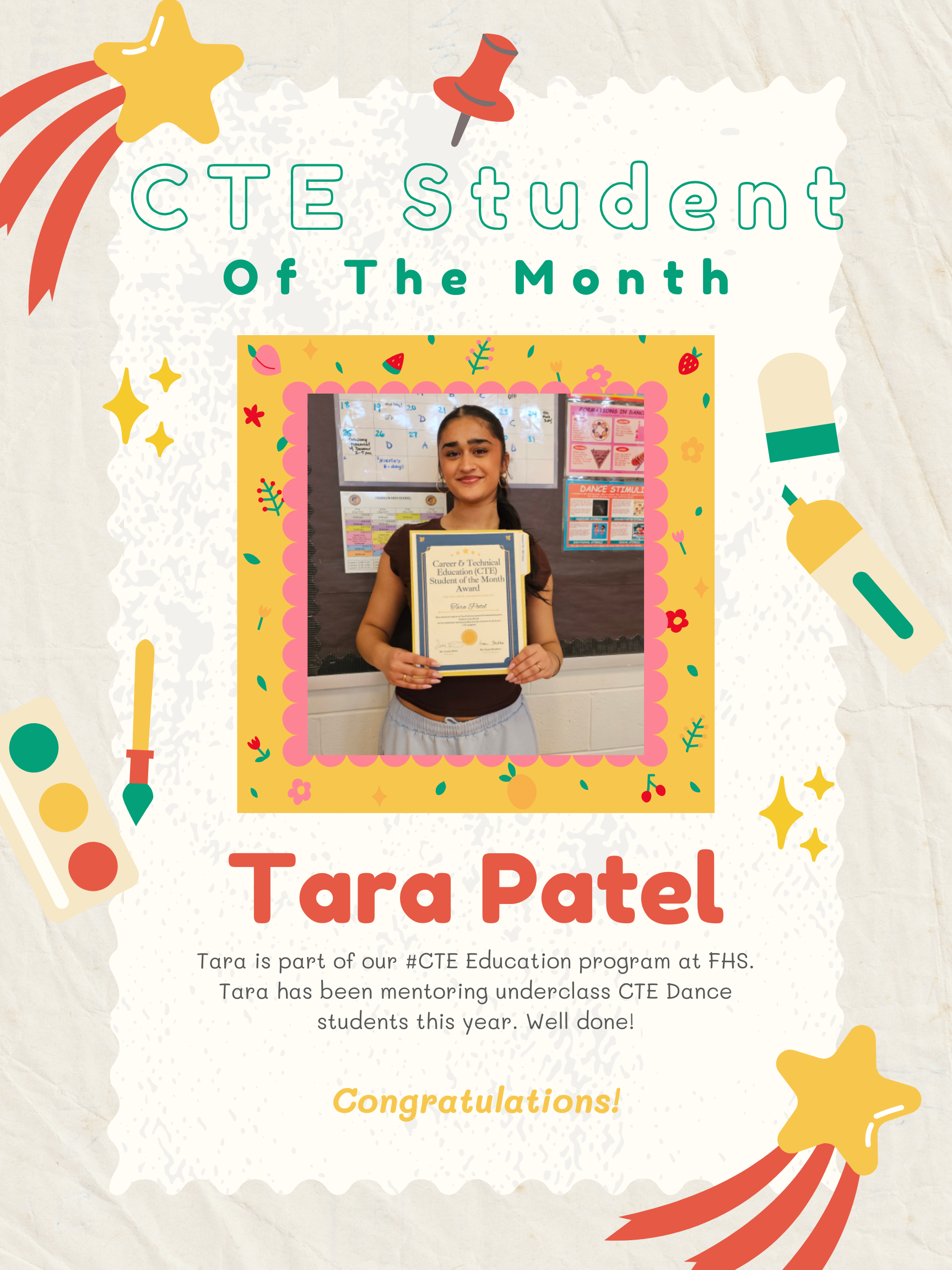 Congratulations to Tara Patel on being named #CTE Student of the Month for January. Tara has been mentoring underclass CTE Dance students this year. Well done! 