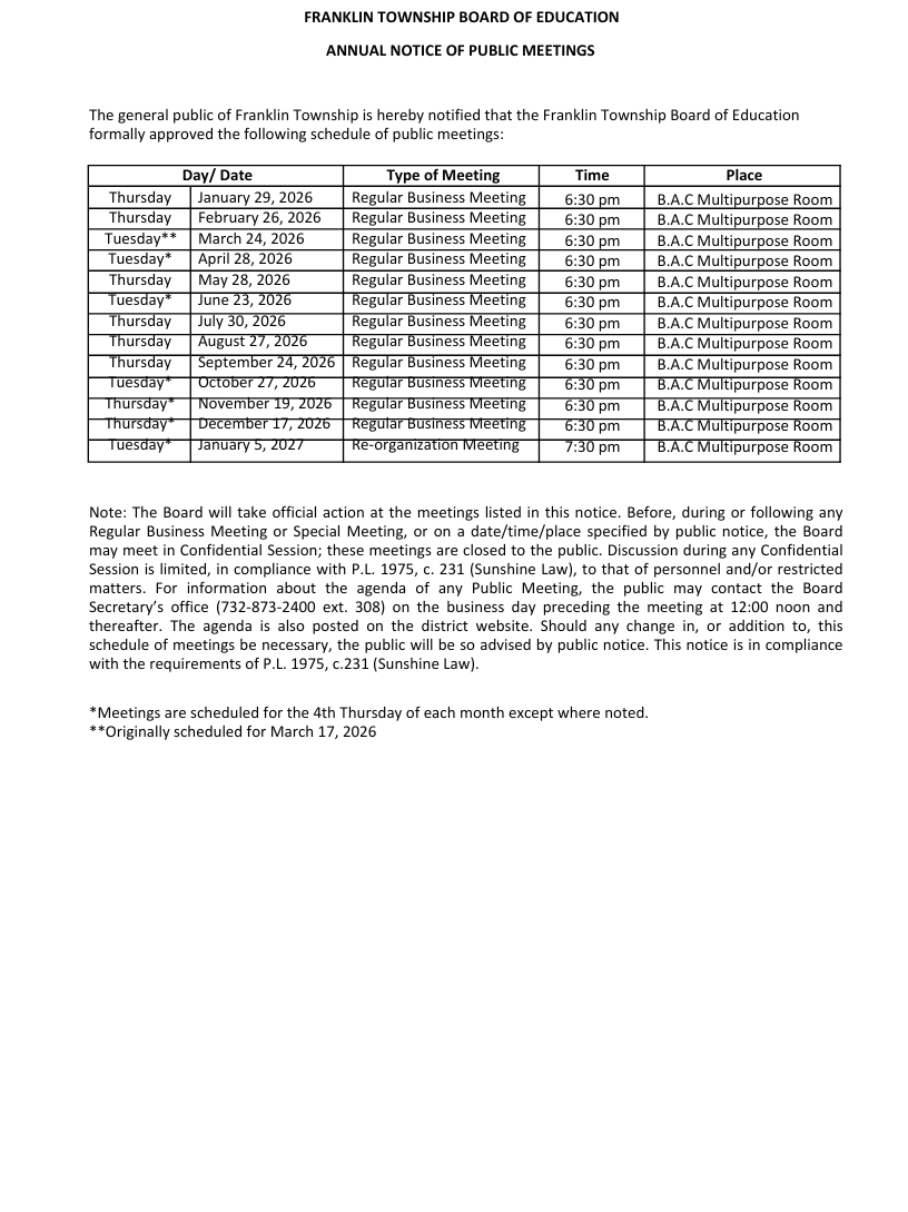 revised annual notice of boe meetings march 2026