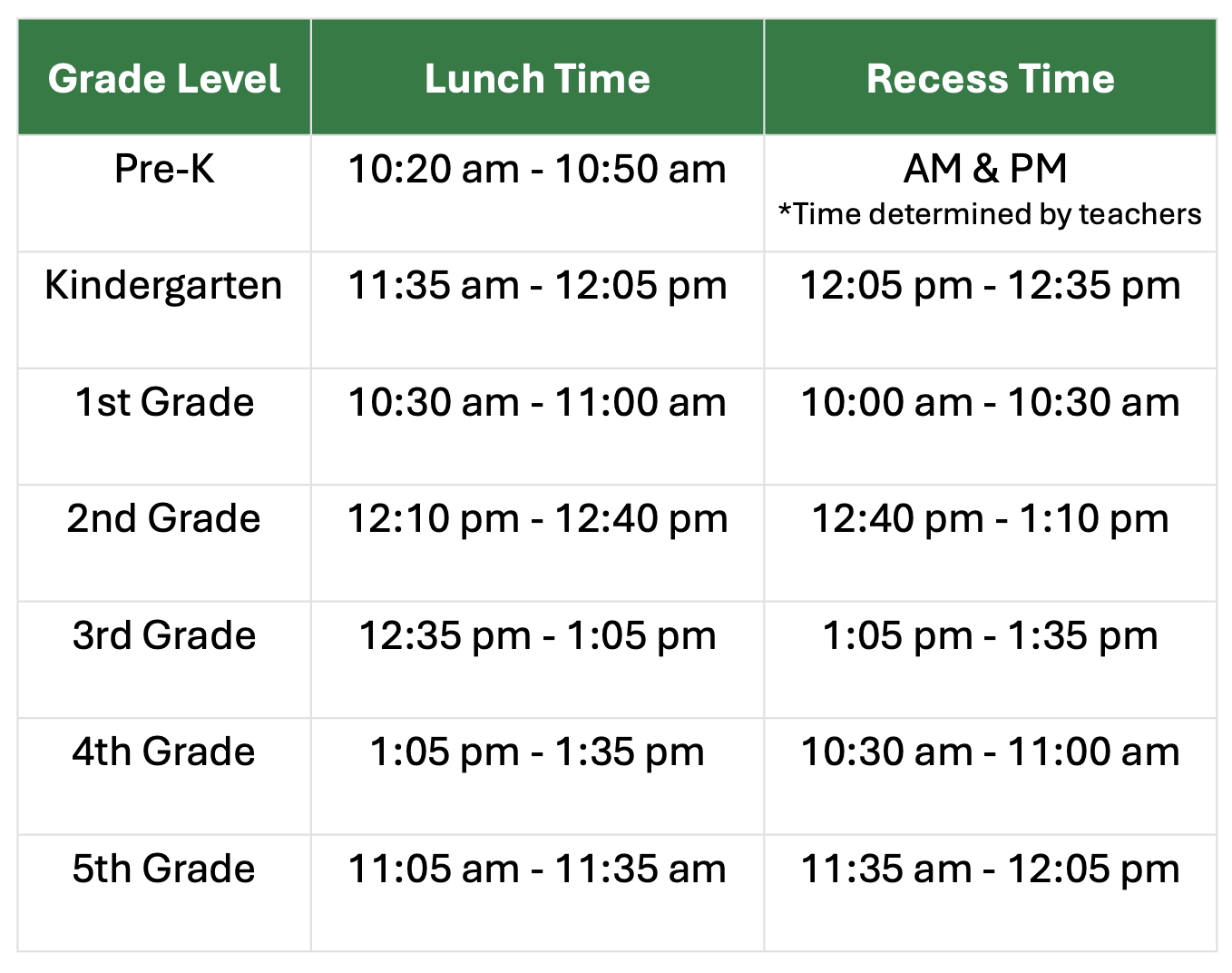 Anderson Lunch & Recess Schedule 24-25