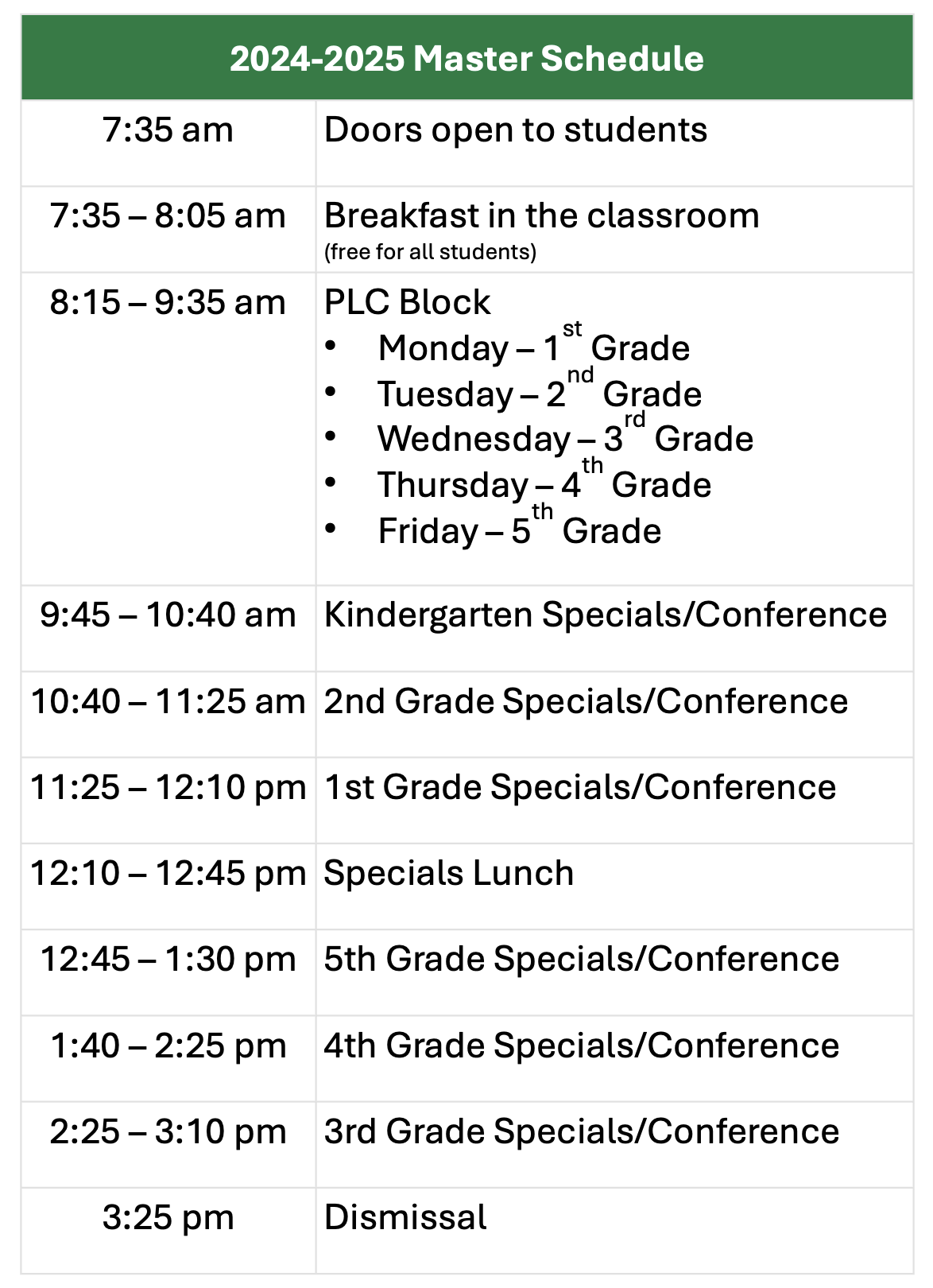 2024-2025 Master Schedule