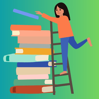 Girl on ladder organizing books