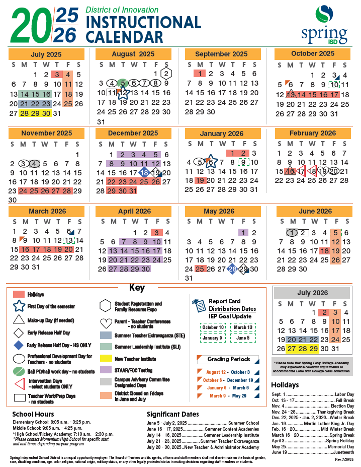 Instructional Calendar | Spring Early College Academy