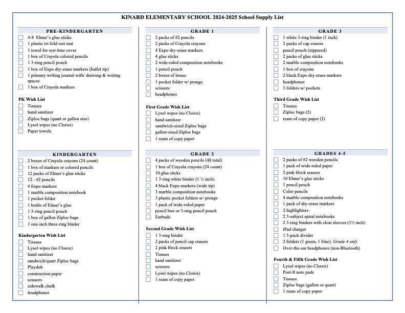 School Supply List | Kinard Elementary School