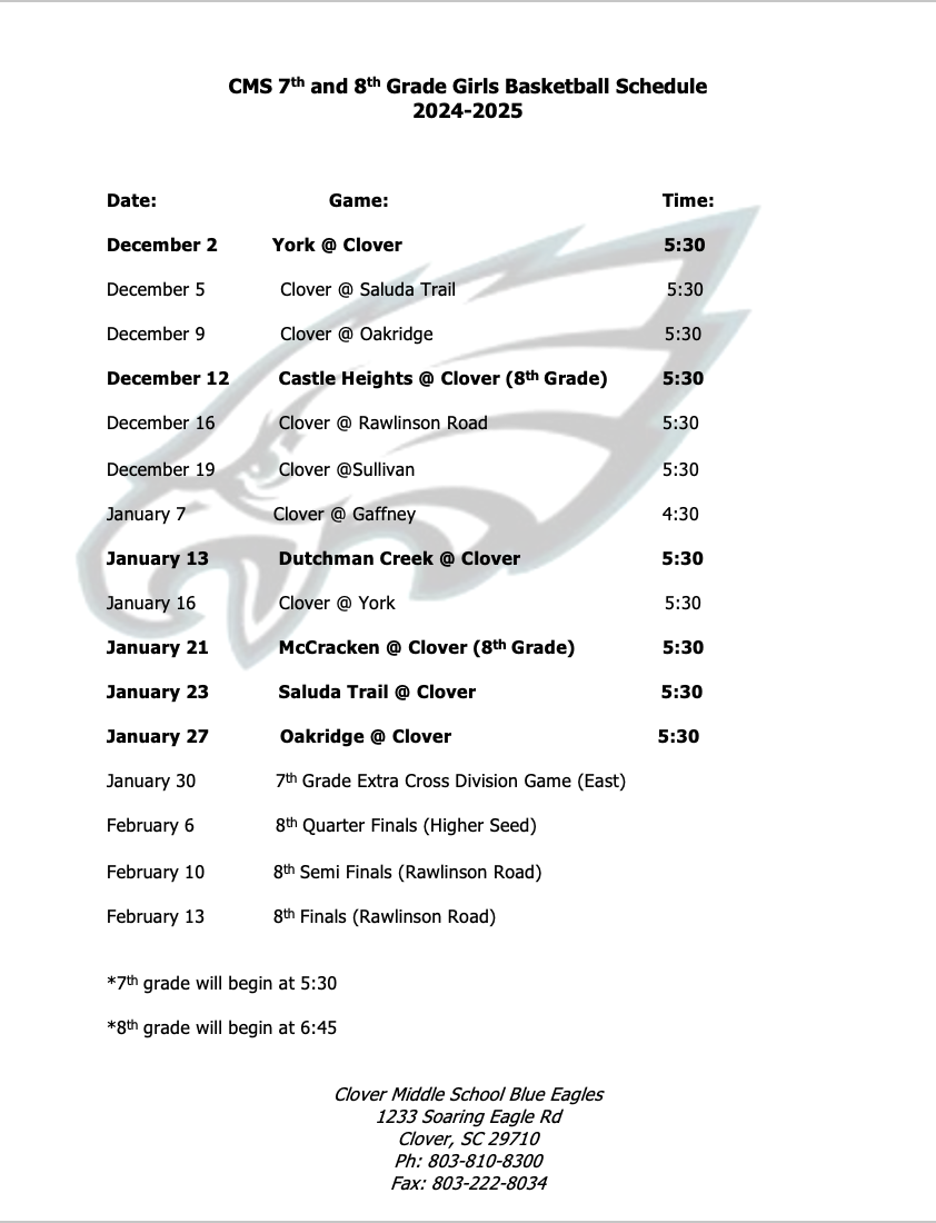 Girls Basketball Schedule