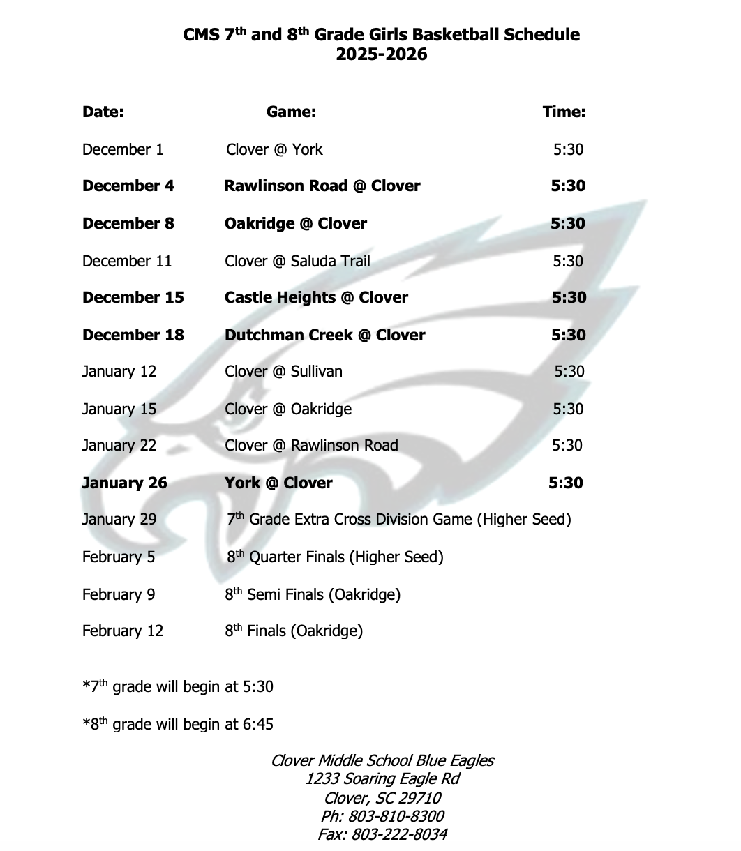 Girls Basketball Schedule
