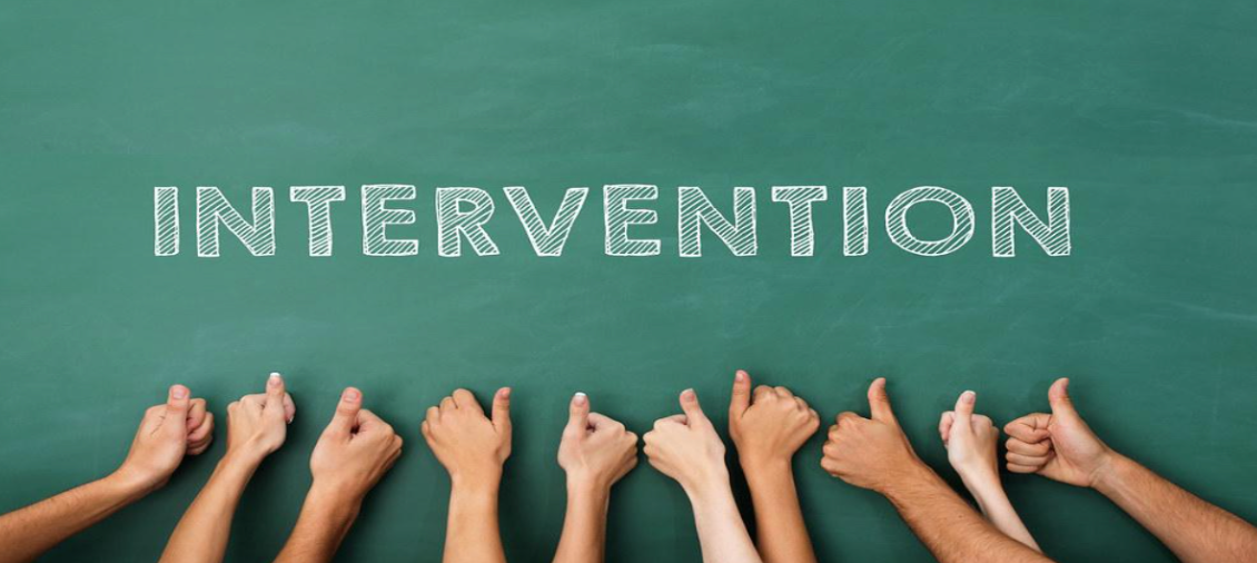 The word "intervention" with a group of kid hands in a "thumbs up."
