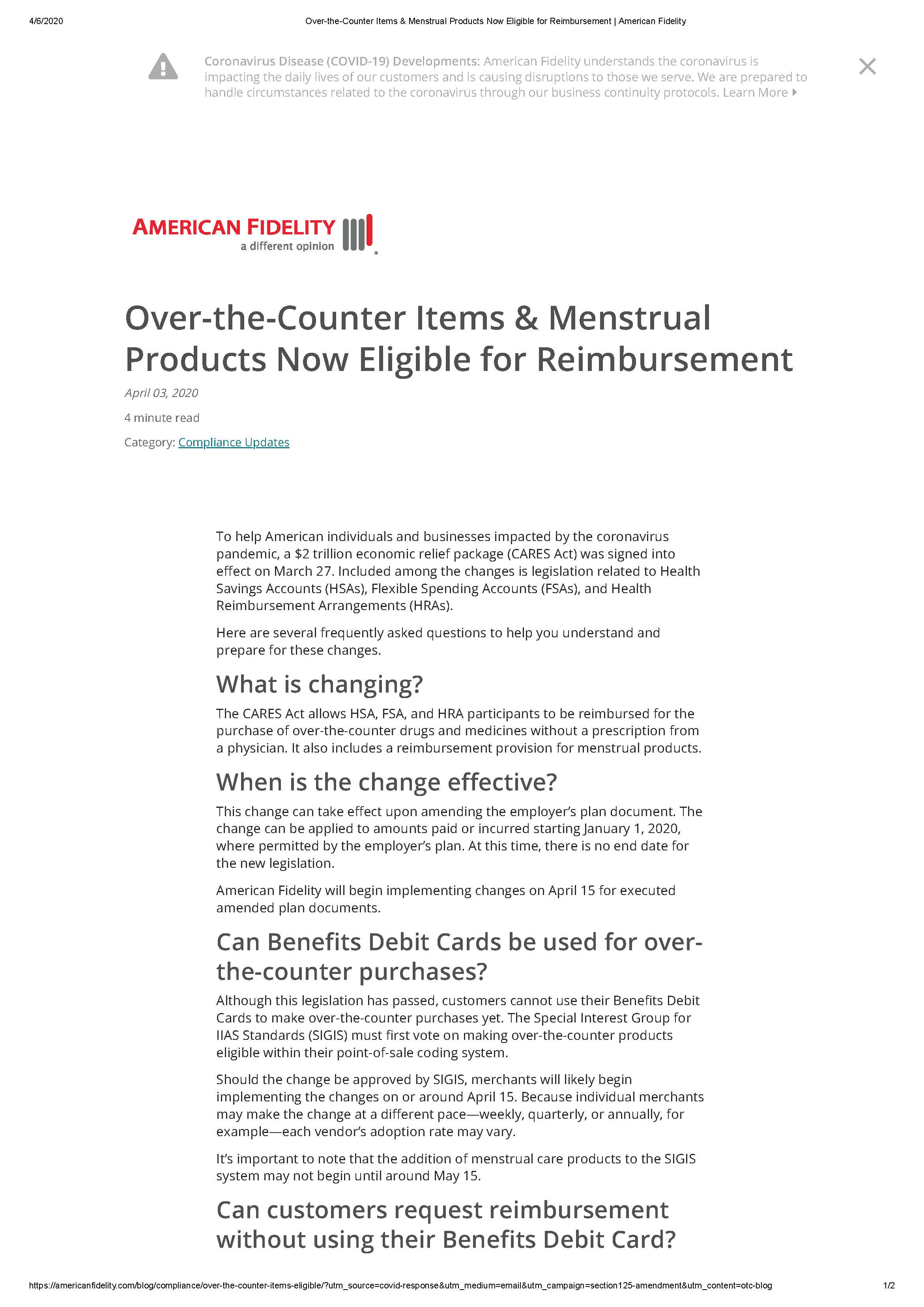 Over-the-Counter Items & Menstrual Products Eligible for Reimbursment Page 1