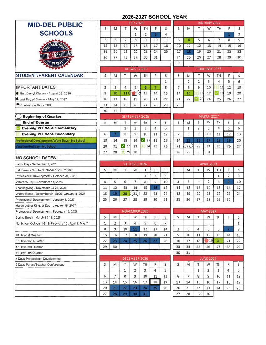 2026-2027 District Calendar | Mid-Del School District
