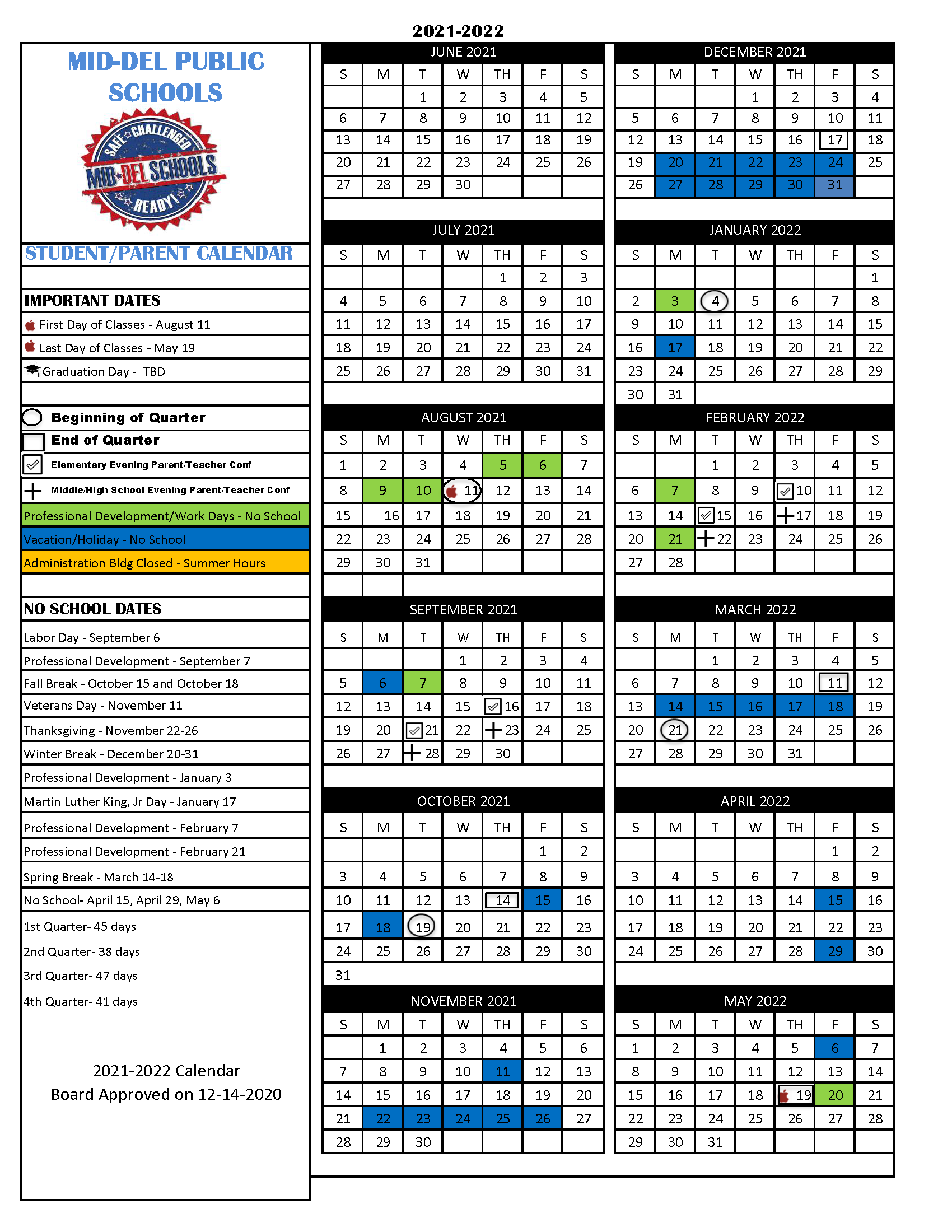 Oklahoma State Academic Calendar 2022 2021-2022 School Calendar | Mid-Del School District