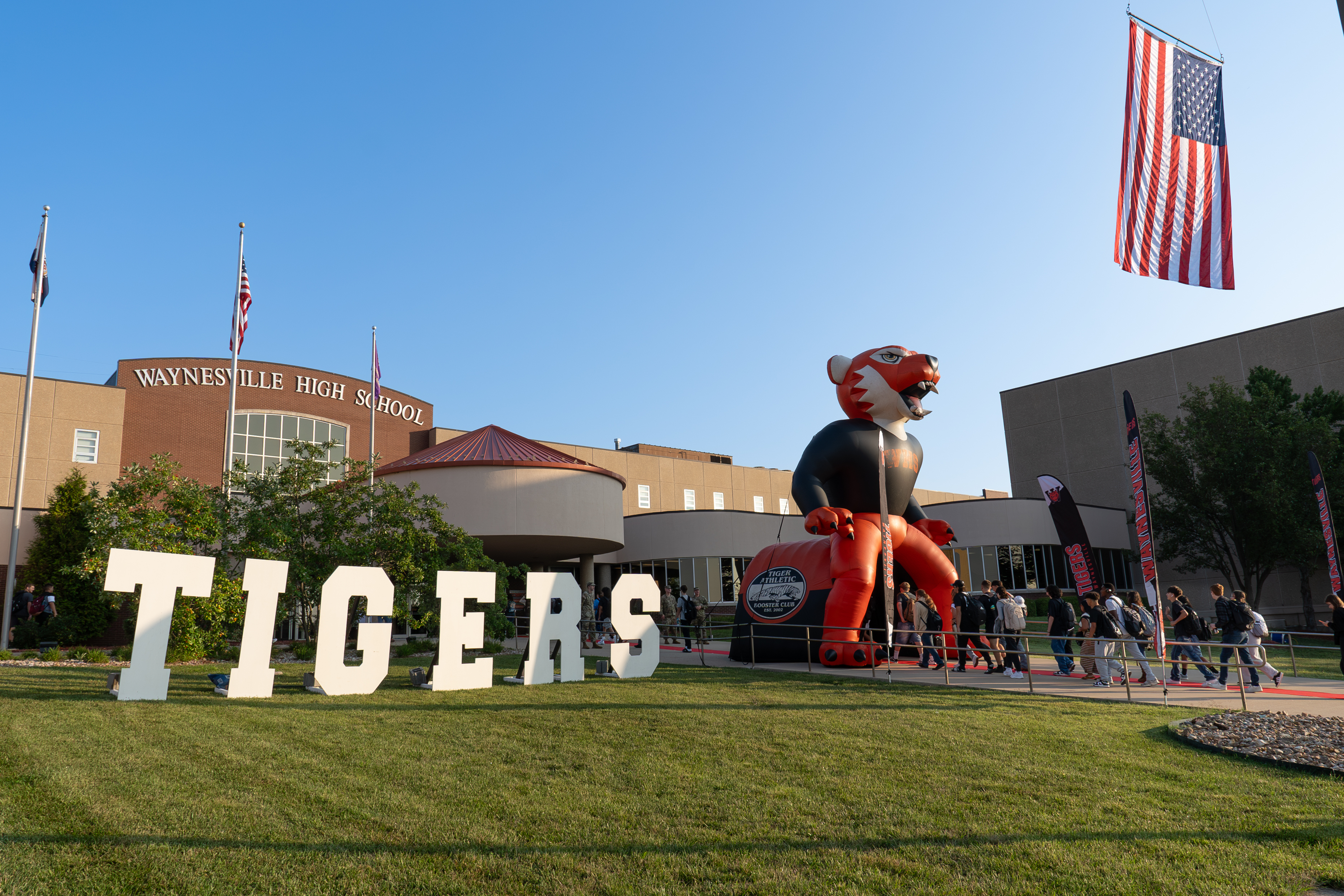 The outside of Waynesville High School with the word Tigers spelled out in front.