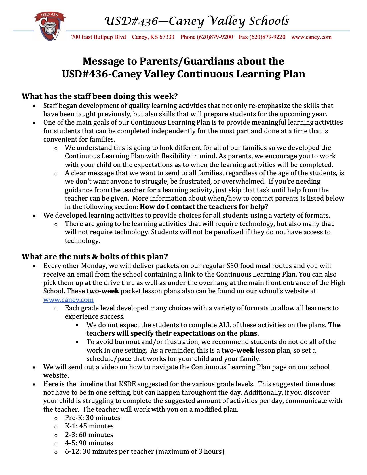 Message to Parents and Guardians About the USD 436 Caney Valley Continuous Learning Plan Page 1