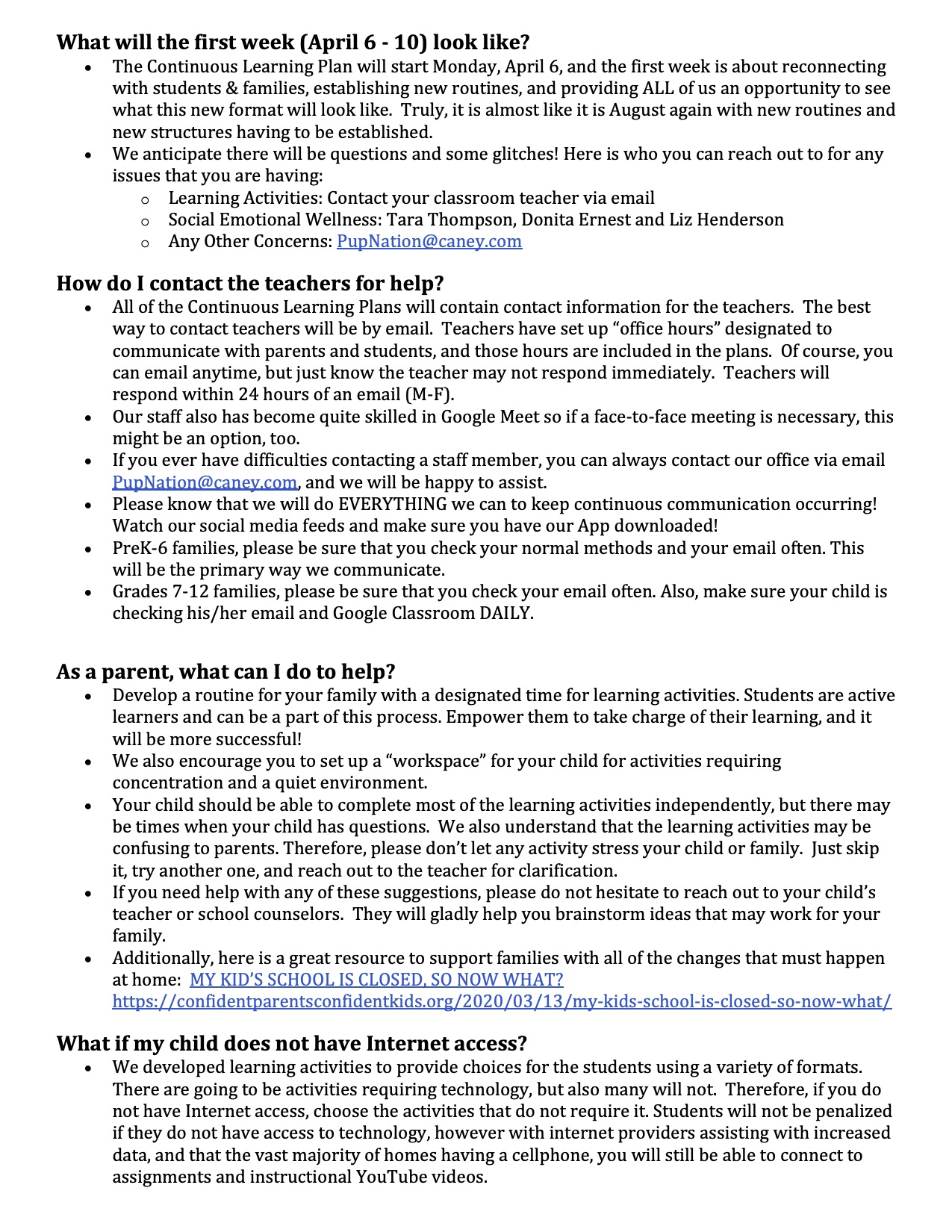 Message to Parents and Guardians About the USD 436 Caney Valley Continuous Learning Plan Page 2