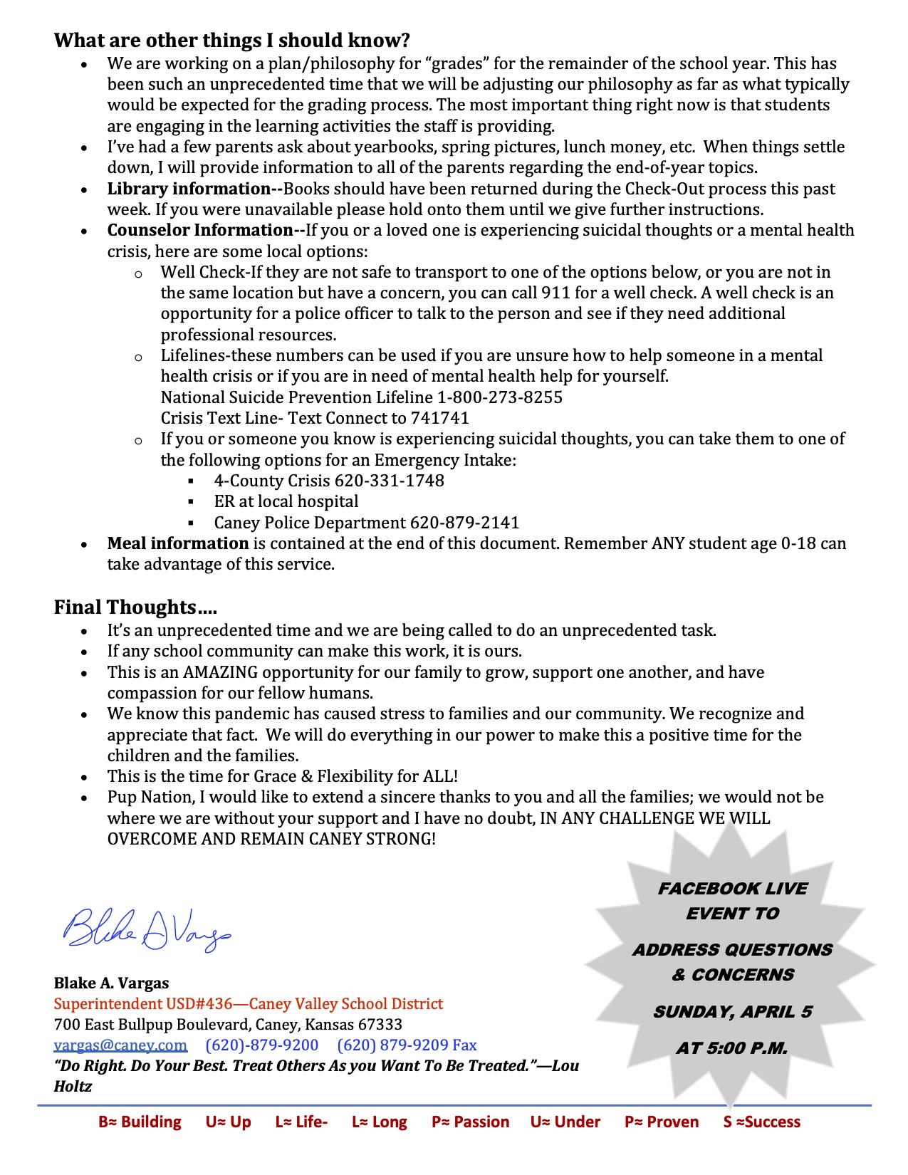 Message to Parents and Guardians About the USD 436 Caney Valley Continuous Learning Plan Page 3