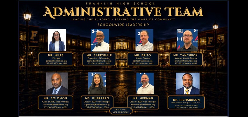 Black background with gold text. Nine photos of individuals in suits. Text reads "Administrative Team" with a subtitle.