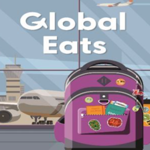 "Global Eats" icon with backpack and airplanes