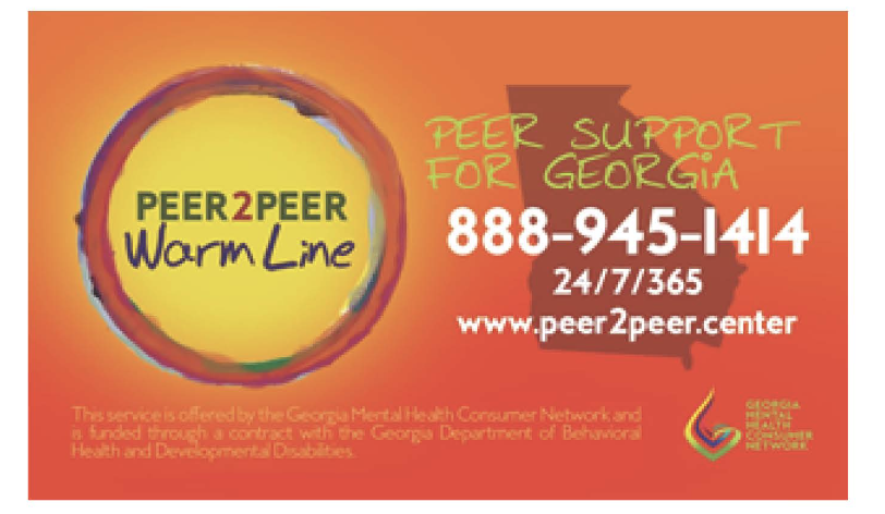 peer 2 peer warm line logo and next to it it says peer support for georgia 888-945-1414 www.peer2peer.center