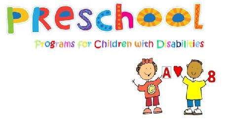 Graphic with the words Preschool programs for children with disabilities. Each letter in a cool bright color with two children one holding the letter A and the other holding a heart and the number 8