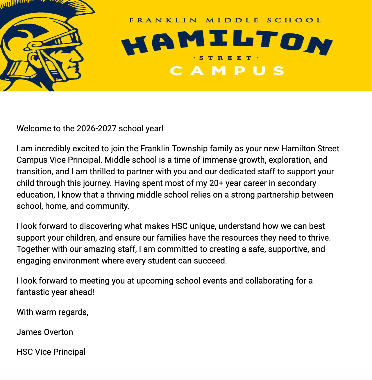 A yellow and blue header with text reads "Franklin Middle School Hamilton Campus." A logo of a yellow helmet is in the top left corner.