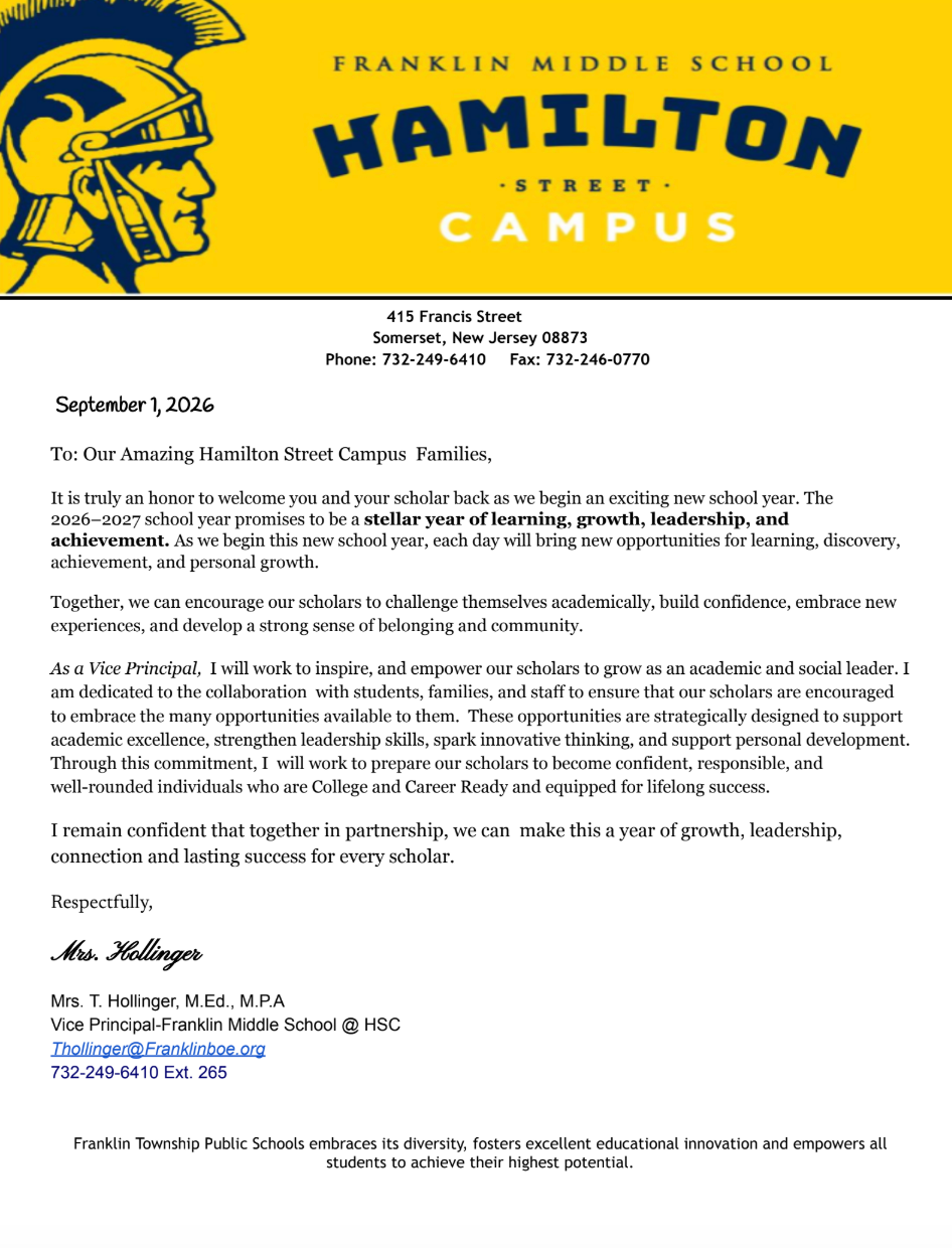 A letter from Franklin Middle School, Hamilton Street Campus. It features a logo, a bold yellow header, and text in black and yellow.