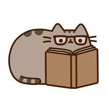 Pusheen the cat reads a book.