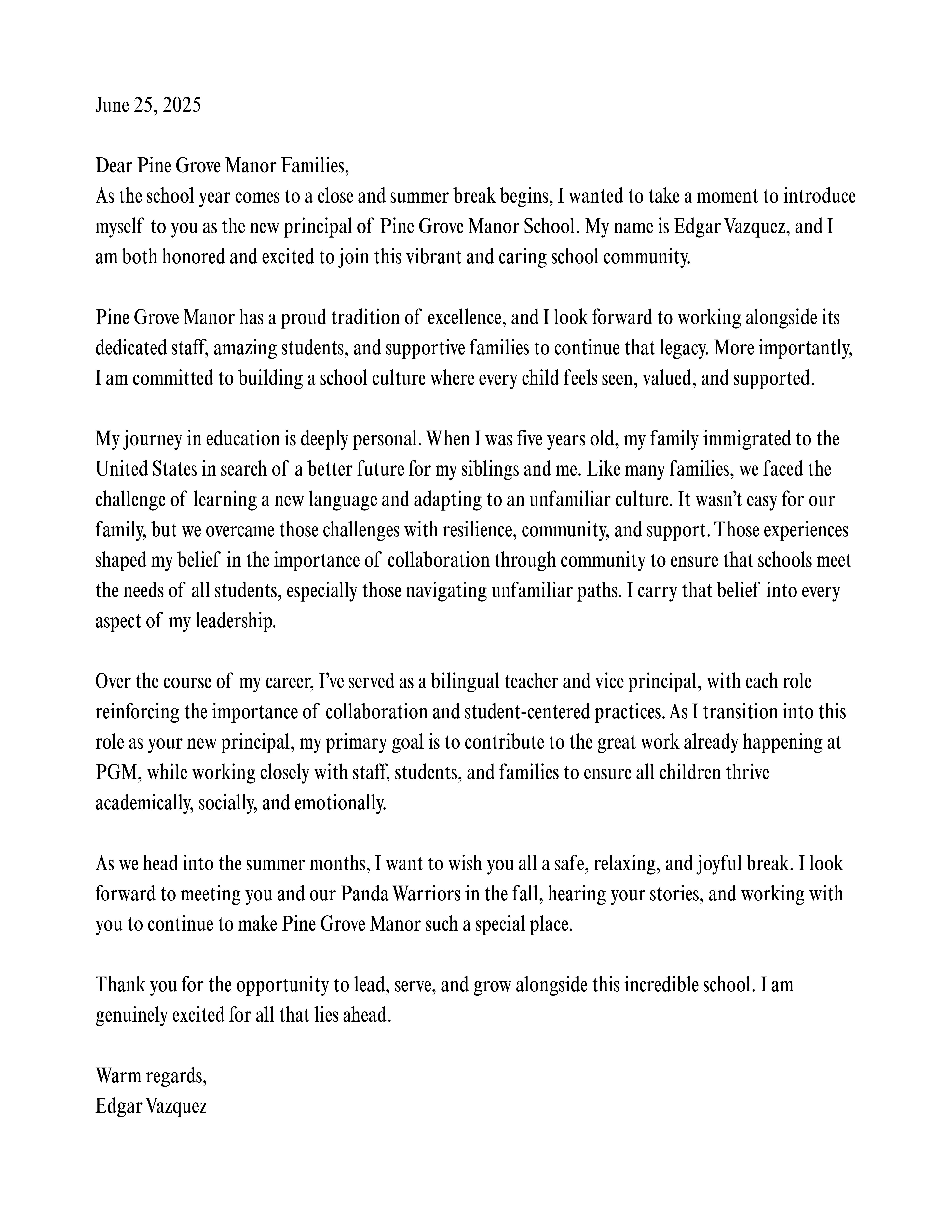 Principals Message Letter