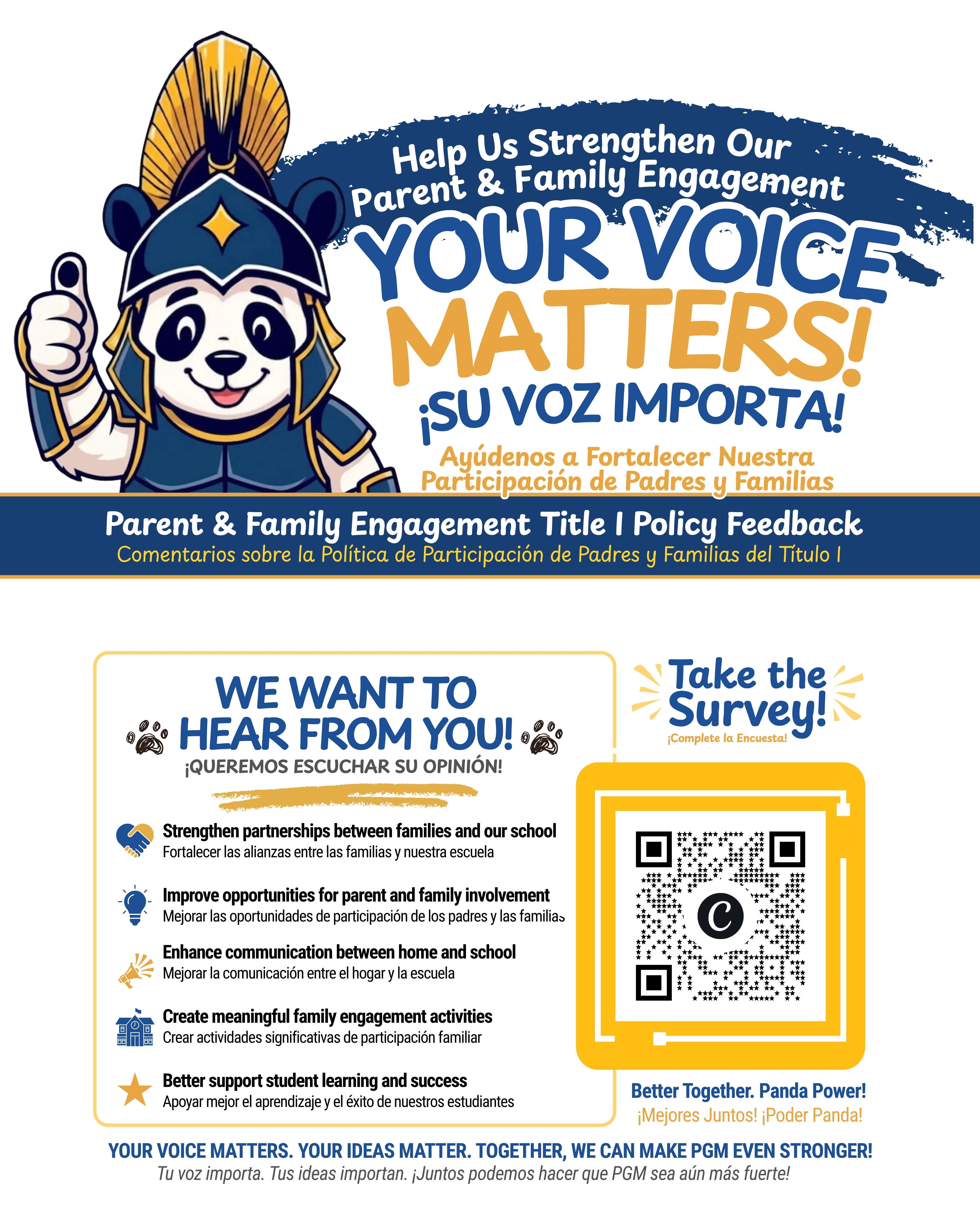 A flyer features a panda mascot and text in English and Spanish. It invites participation in a survey about parent and family engagement.