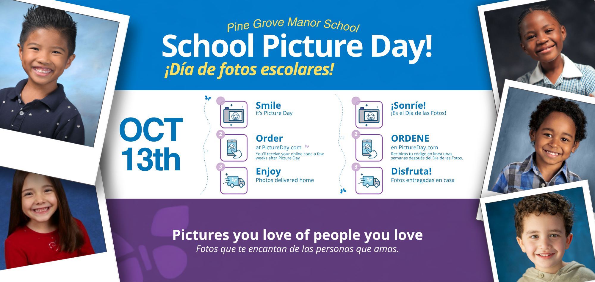 An event poster for School Picture Day. It features photos of smiling children. The date is October 13th.