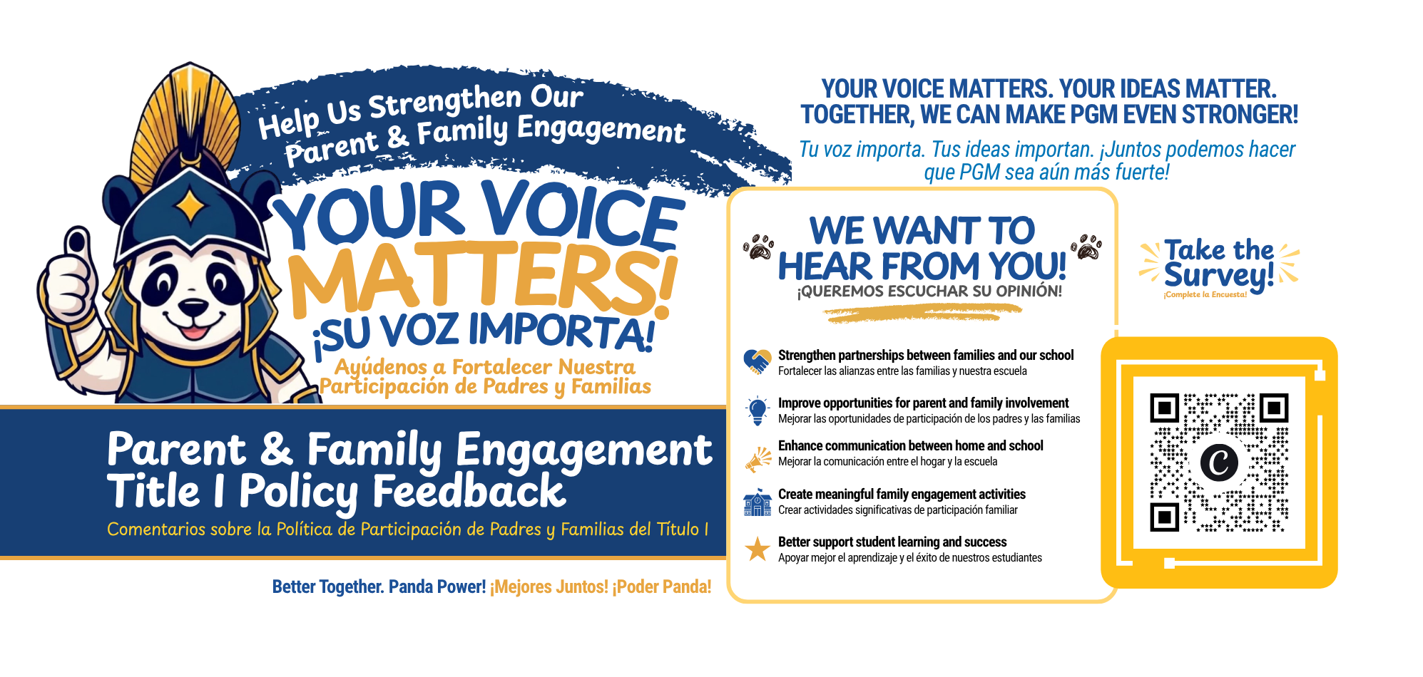 A poster with blue and yellow colors features a cartoon character, "Your Voice Matters!" text, a QR code, and a survey request.