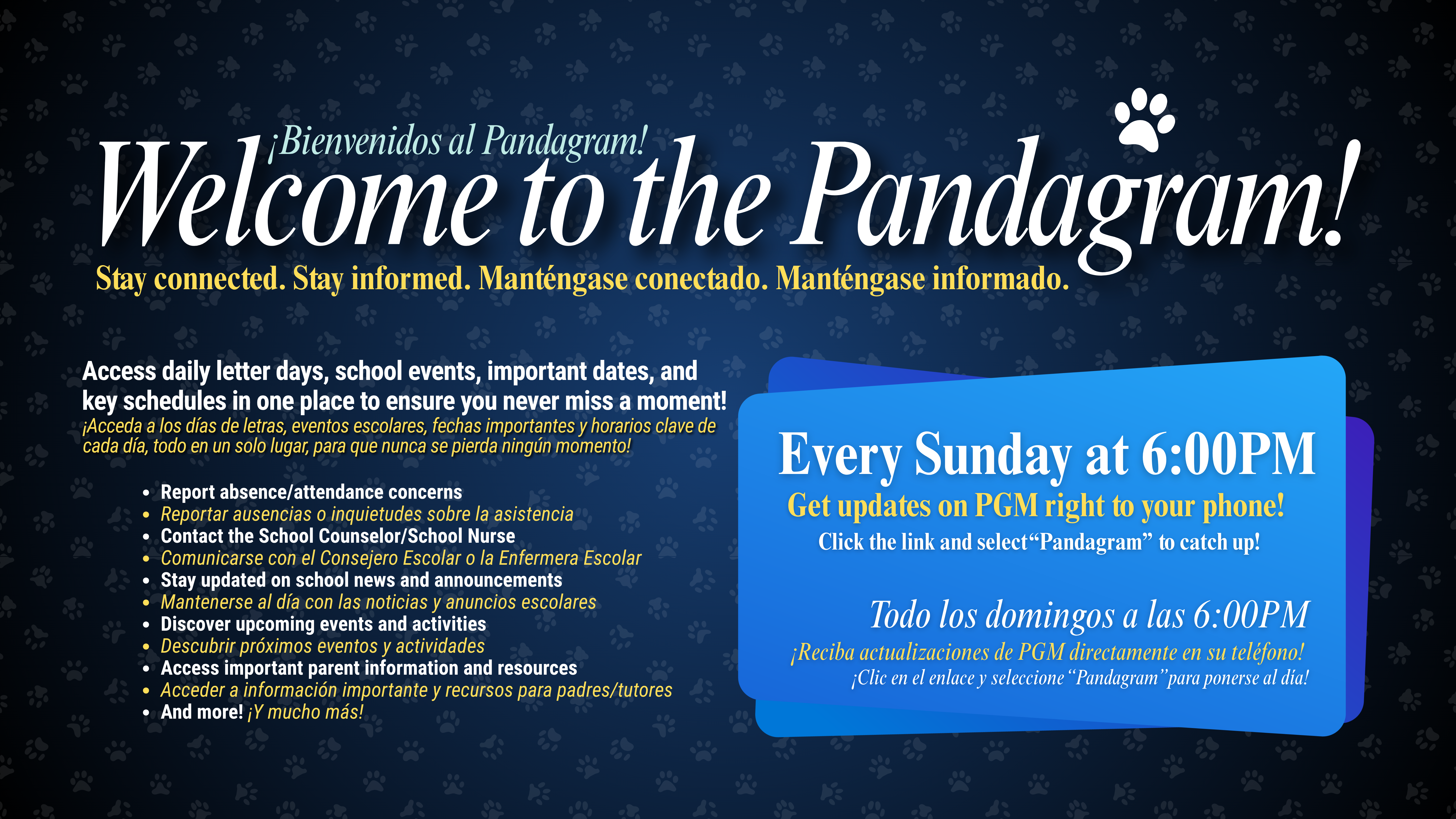 Blue background with text "Welcome to the Pandagram!" A blue rectangle with white text "Every Sunday at 6:00PM" and "Get updates on PGM right to your phone!".