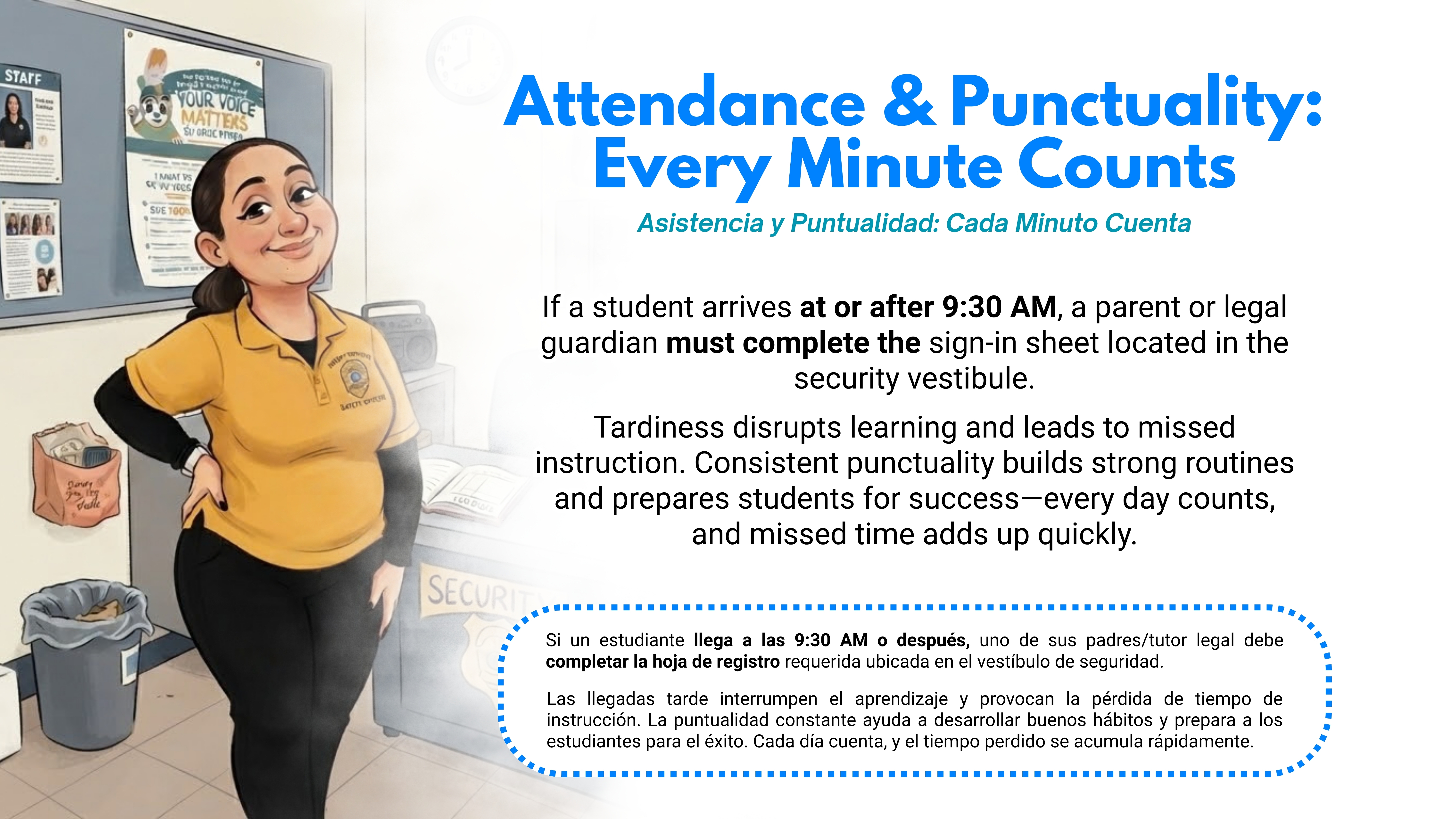 An illustration of a woman shows a message about attendance and punctuality. A trash can and bulletin board are in the background.