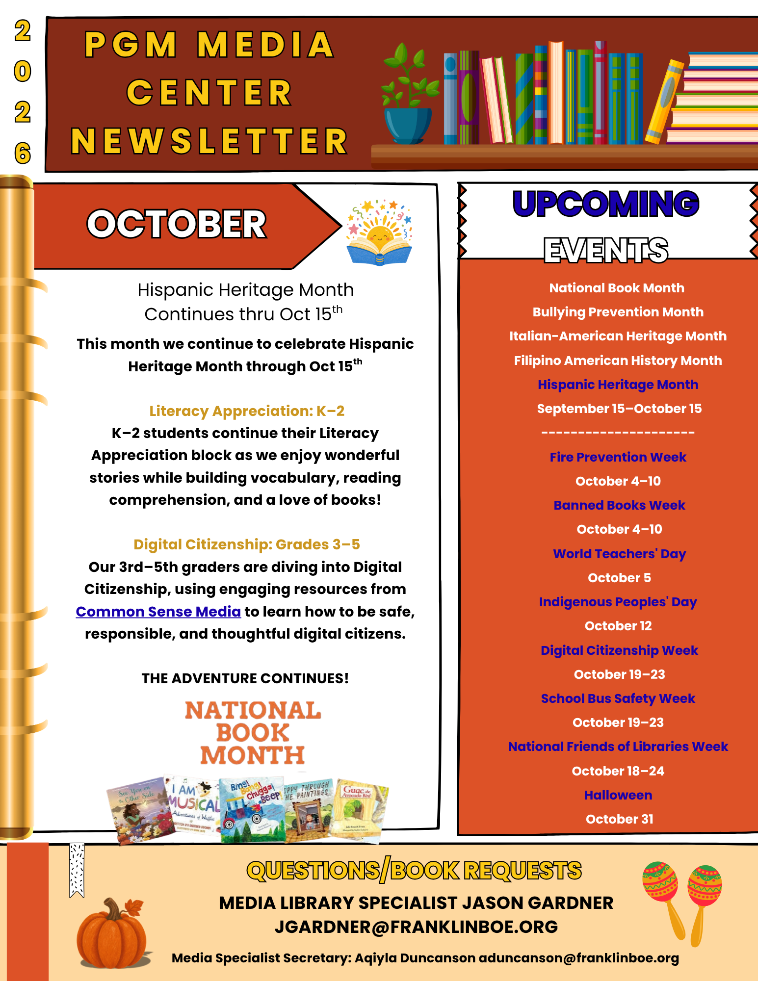 Newsletter from the media center. It features a list of events, including Hispanic Heritage Month, Digital Citizenship, and National Book Month.