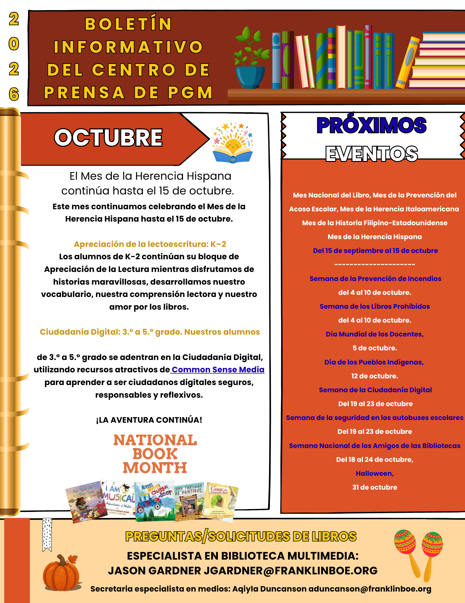 A bilingual document with "OCTUBRE" in red and "PRÓXIMOS EVENTOS" in blue. It features a calendar, text, and images of books and pumpkins.