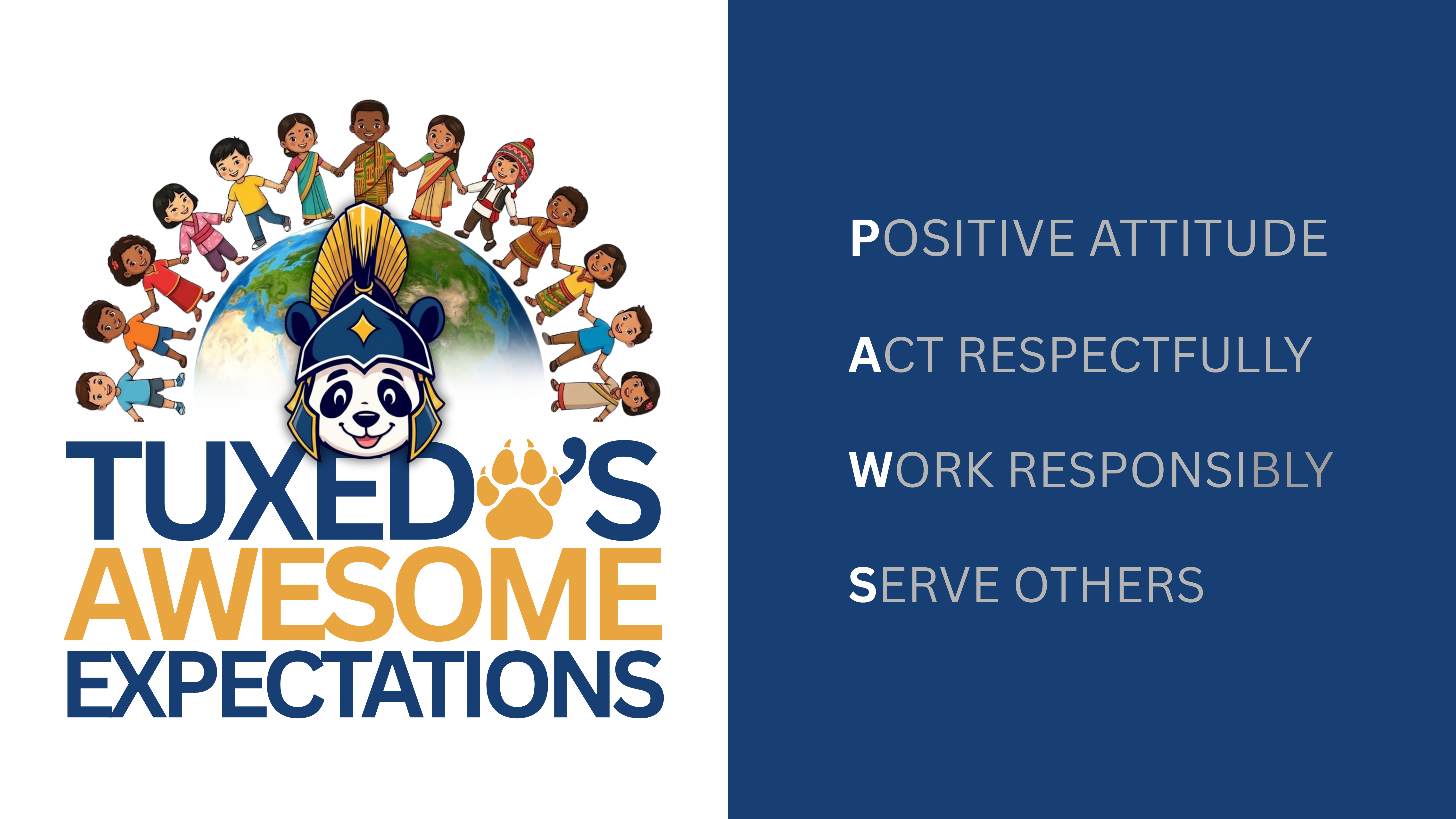 A colorful graphic featuring a panda and globe. It lists four values: positive attitude, act respectfully, work responsibly, serve others.