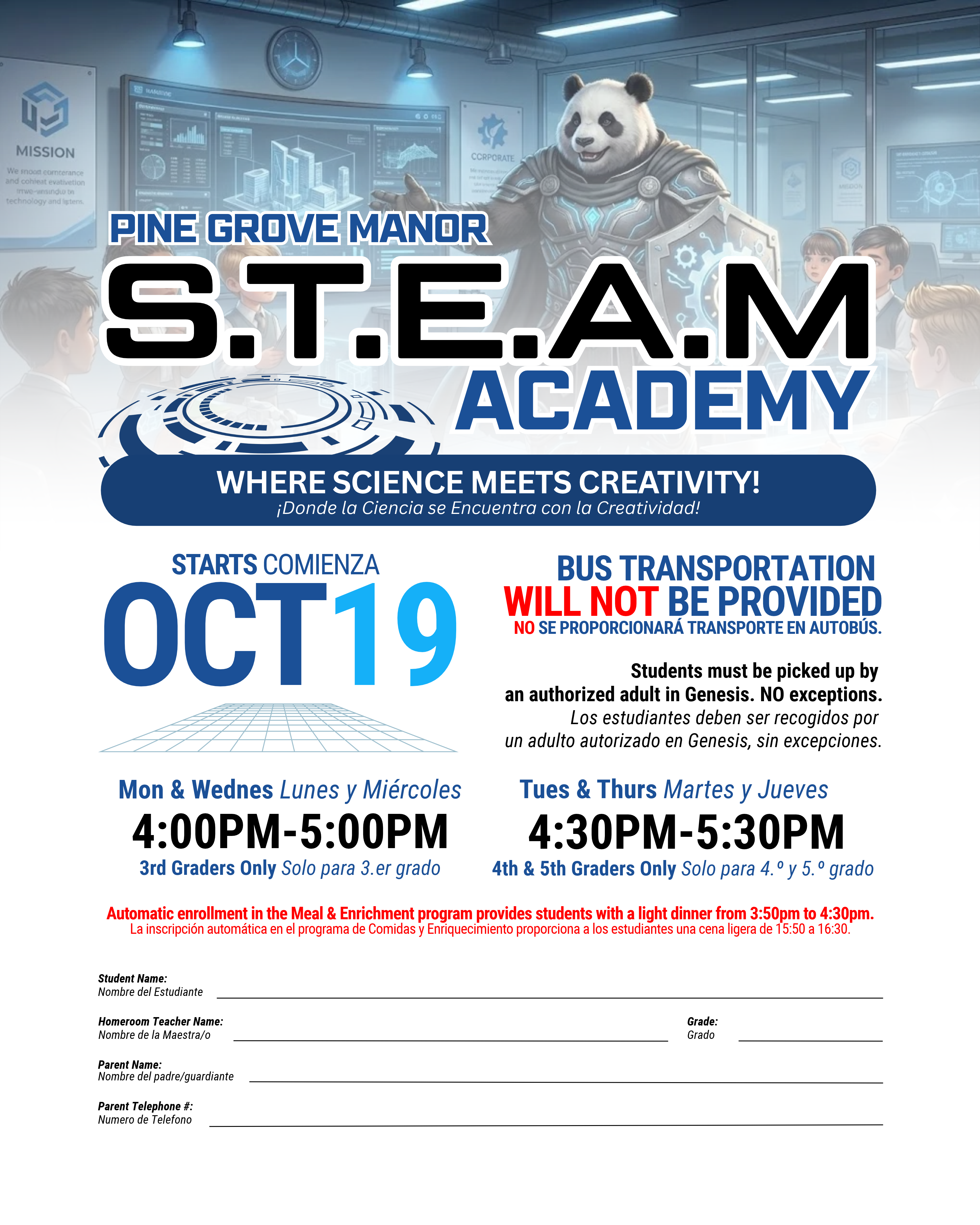 Advertisement for the S.T.E.A.M. Academy at Pine Grove Manor. Dates and times listed for different days.