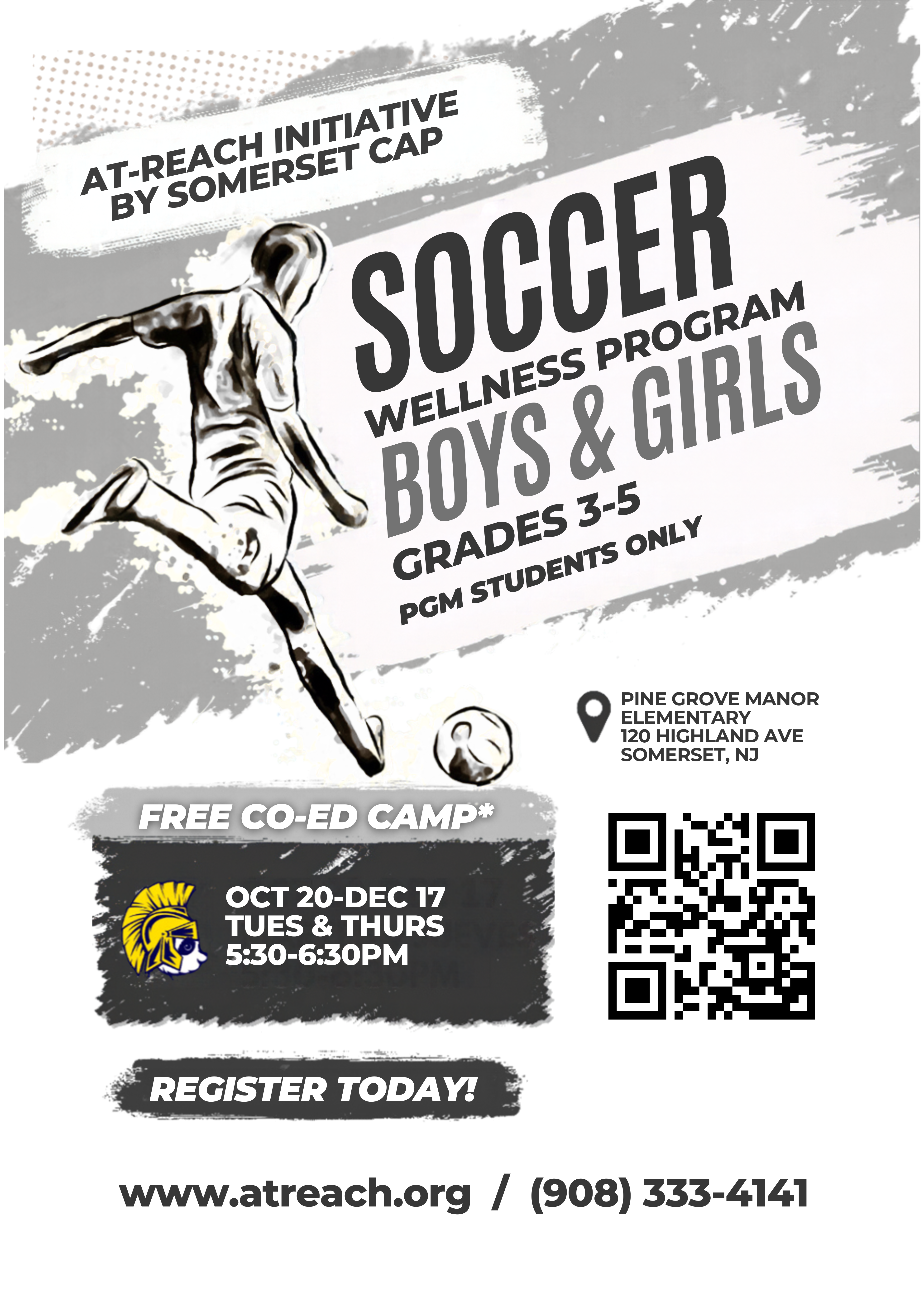 Black and white poster with a drawing of a soccer player kicking a ball. Text reads: "Soccer Wellness Program Boys & Girls Grades 3-5."