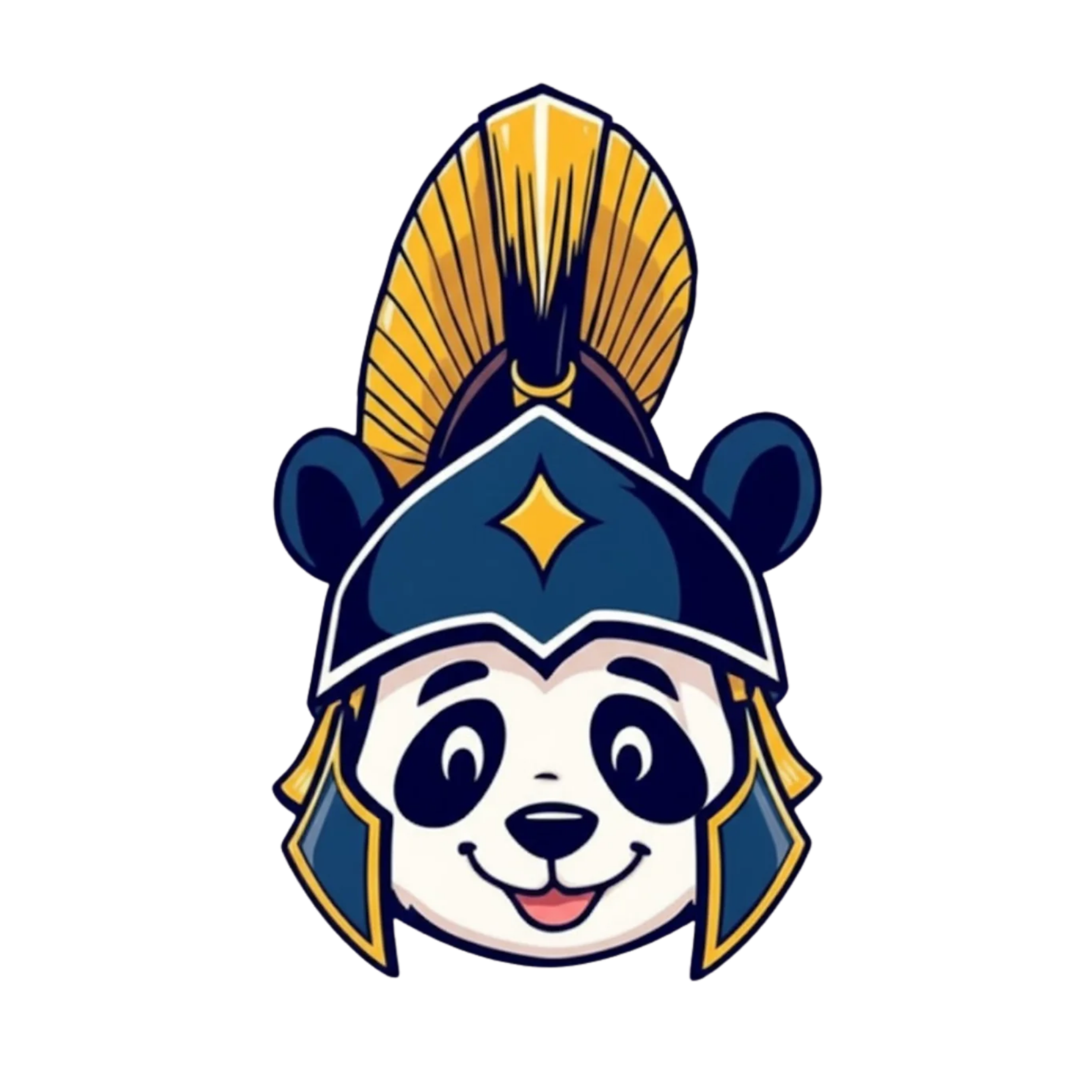 A panda wearing a blue helmet with a yellow star on top, smiling. Background is plain white.