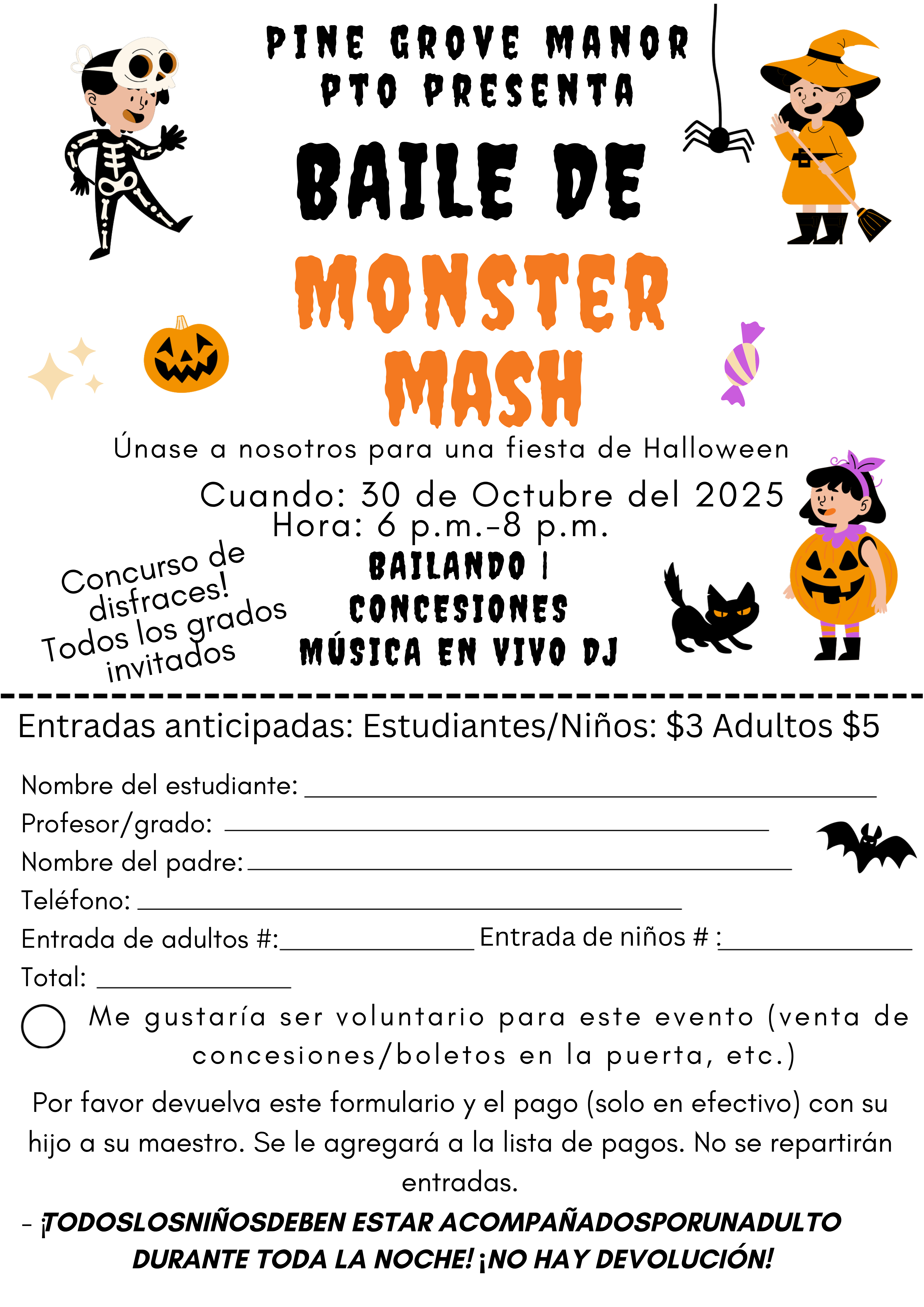 Poster with "PTO PRESENTA BAILE DE MONSTER MASH" at the top. Details include date, time, location, and ticket prices. Form asks for student and guardian names, contact info, and total.