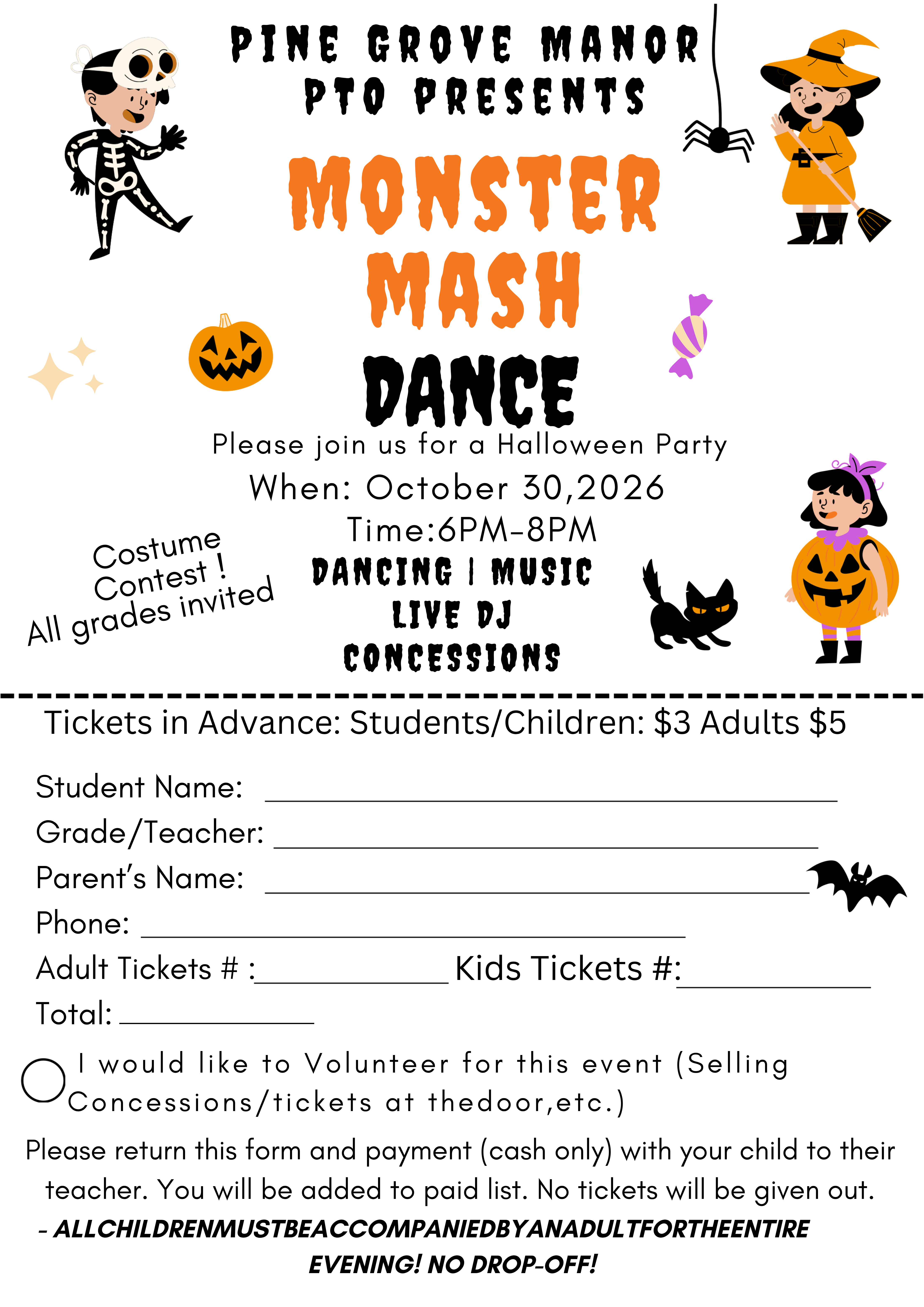 Event flyer for the "Monster Mash Dance" on Oct 30, 2026, from 6-8 PM. Includes costume contest, music, live DJ, and details for ticket purchase and volunteer opportunities.