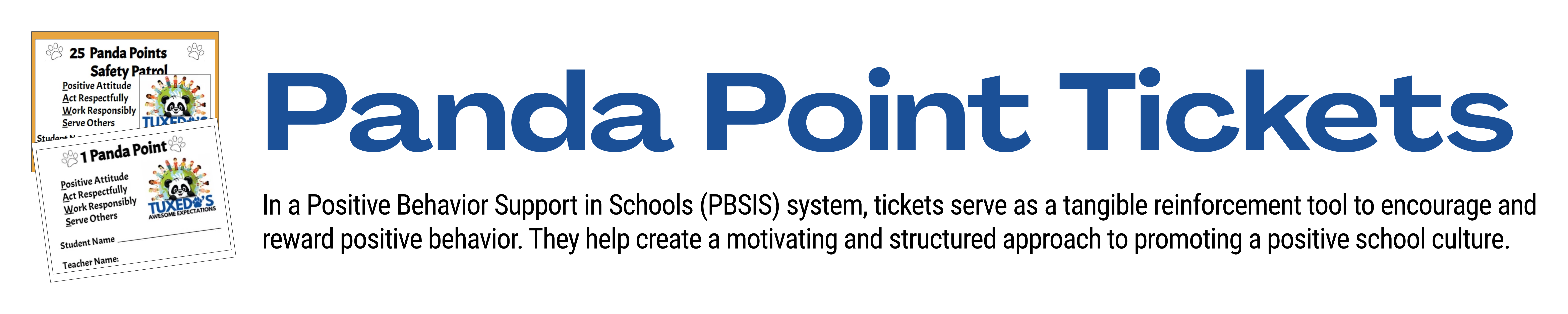 Blue-and-white graphic features "Panda Point Tickets" with text and logo on a white background.