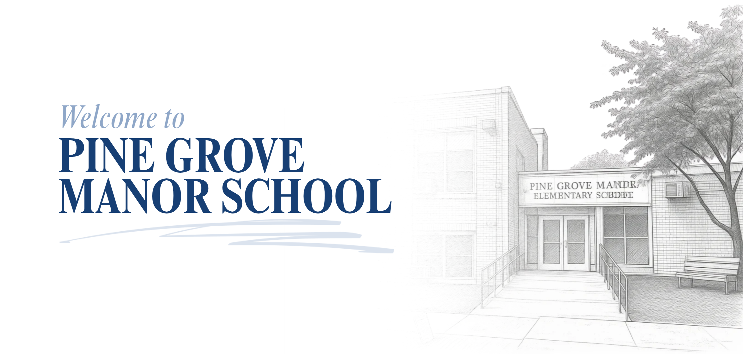 Pine Grove Manor School logo featuring a building with text and a tree in the background.