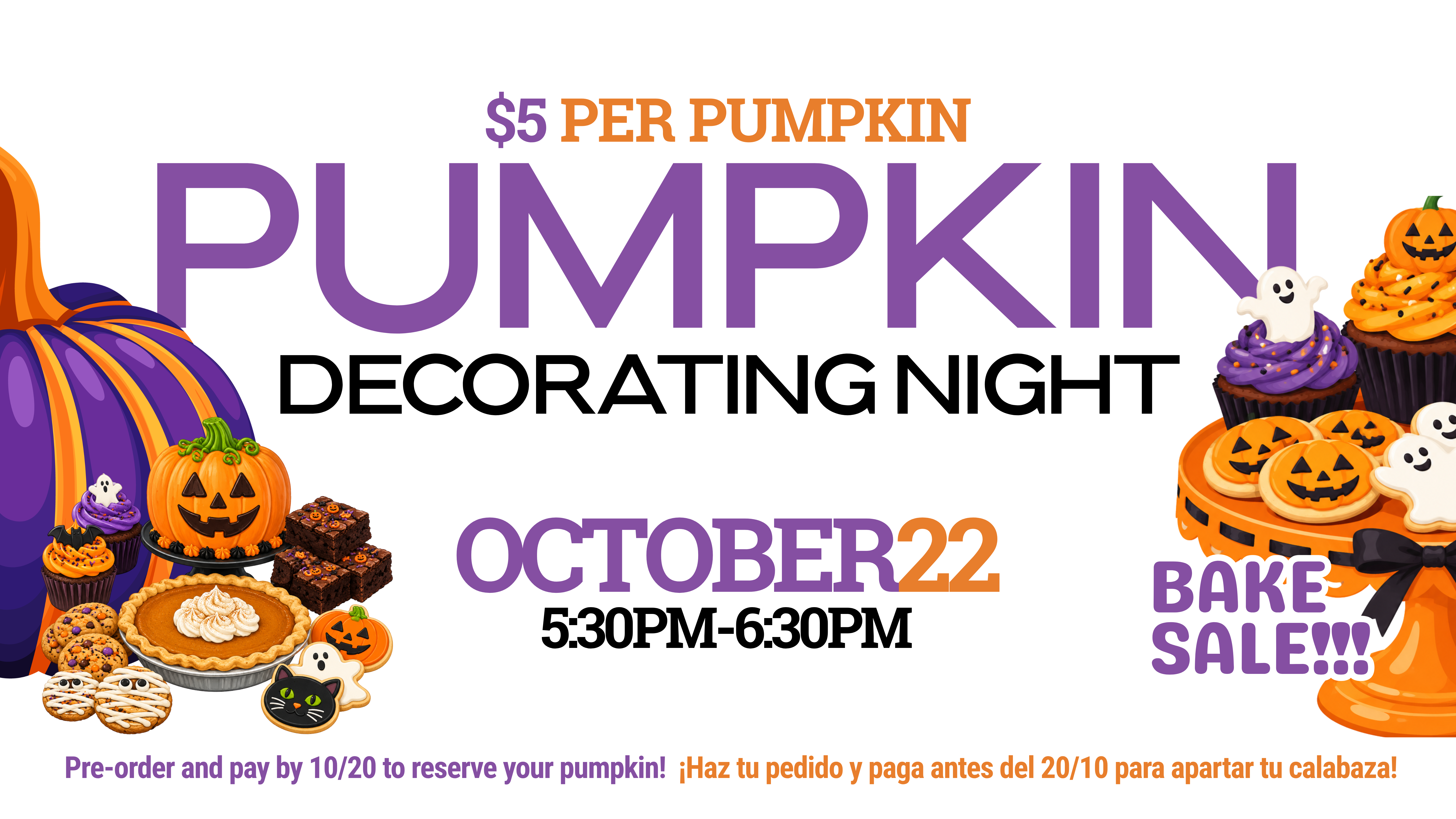 Poster advertises a Pumpkin Decorating Night on October 22 from 5:30 to 6:30 PM, offering pumpkins for $5.