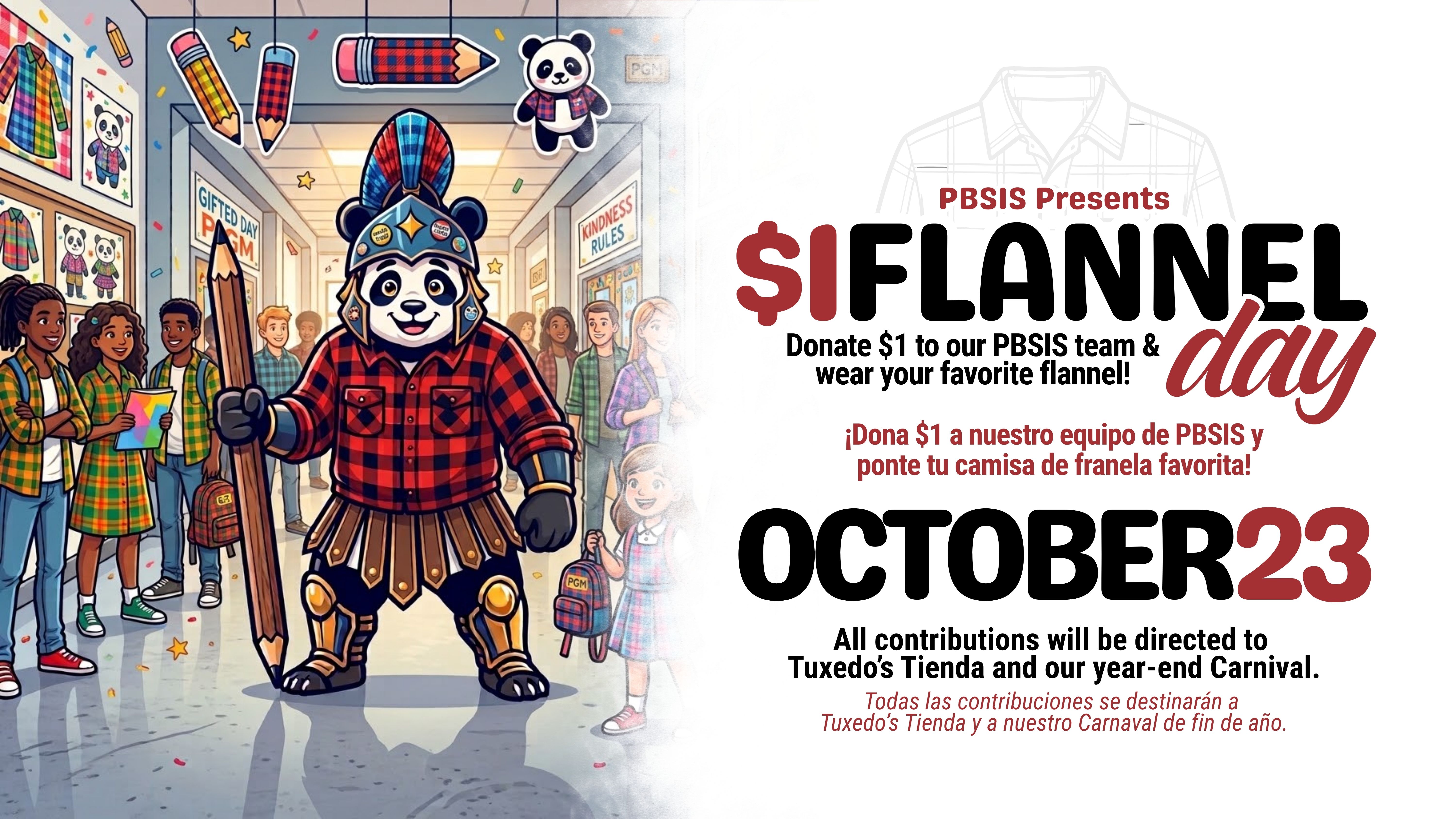 A poster features a panda wearing a red plaid shirt and hat, standing with a spear. Text reads "$1Flannel Day OCTOBER23".