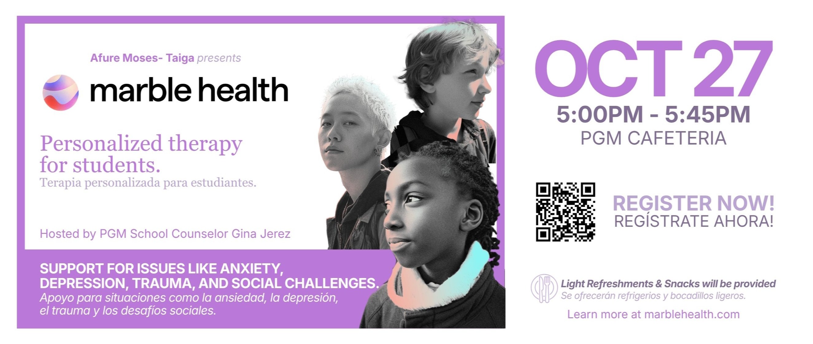 Flyer with text "MARBLE HEALTH" and images of adults and children. Date "OCT 27" and "5:00PM-6:45PM" in top right corner.